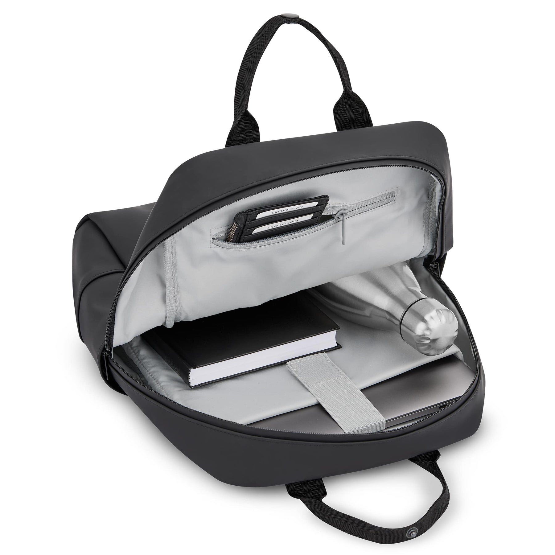 Schwarzer Damenrucksack 'Hailey' geöffnet mit Innentaschen, Wasserflasche, Buch und Laptopfach