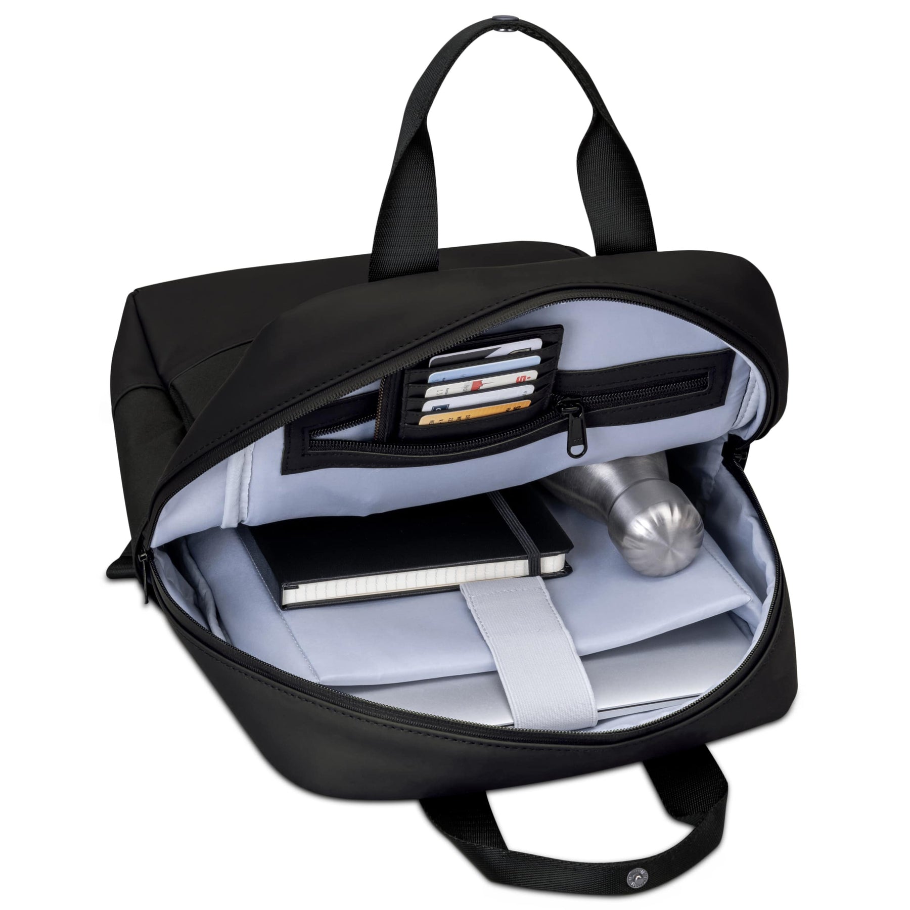 Offener schwarzer Damenrucksack 'Jona Medium' von Johnny Urban mit Innenfächern für Karten, Notizbuch, Laptop und Wasserflasche