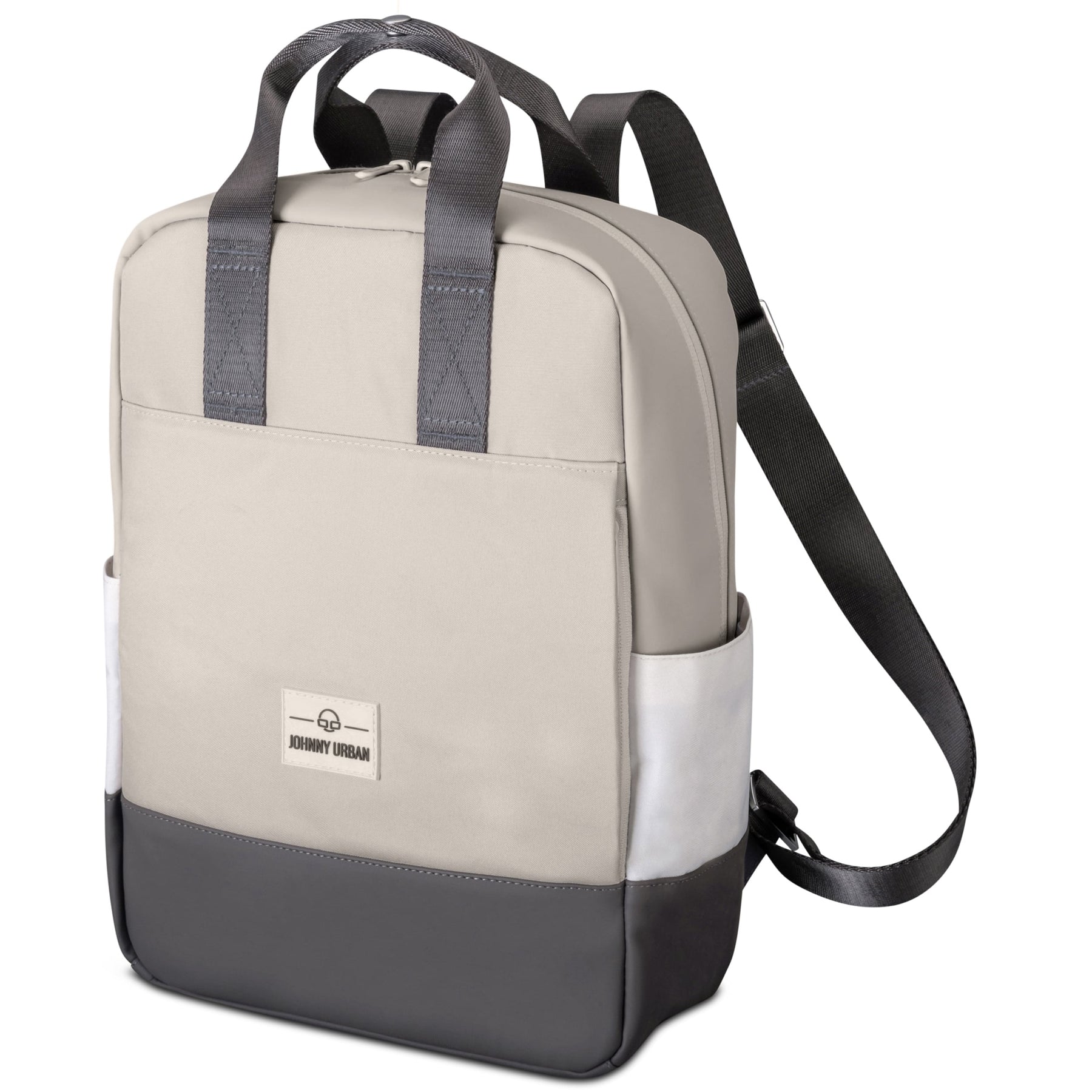 Rucksack 'Jona Medium' in Beige mit grauem Boden, schwarzen Trägern und Seitentaschen