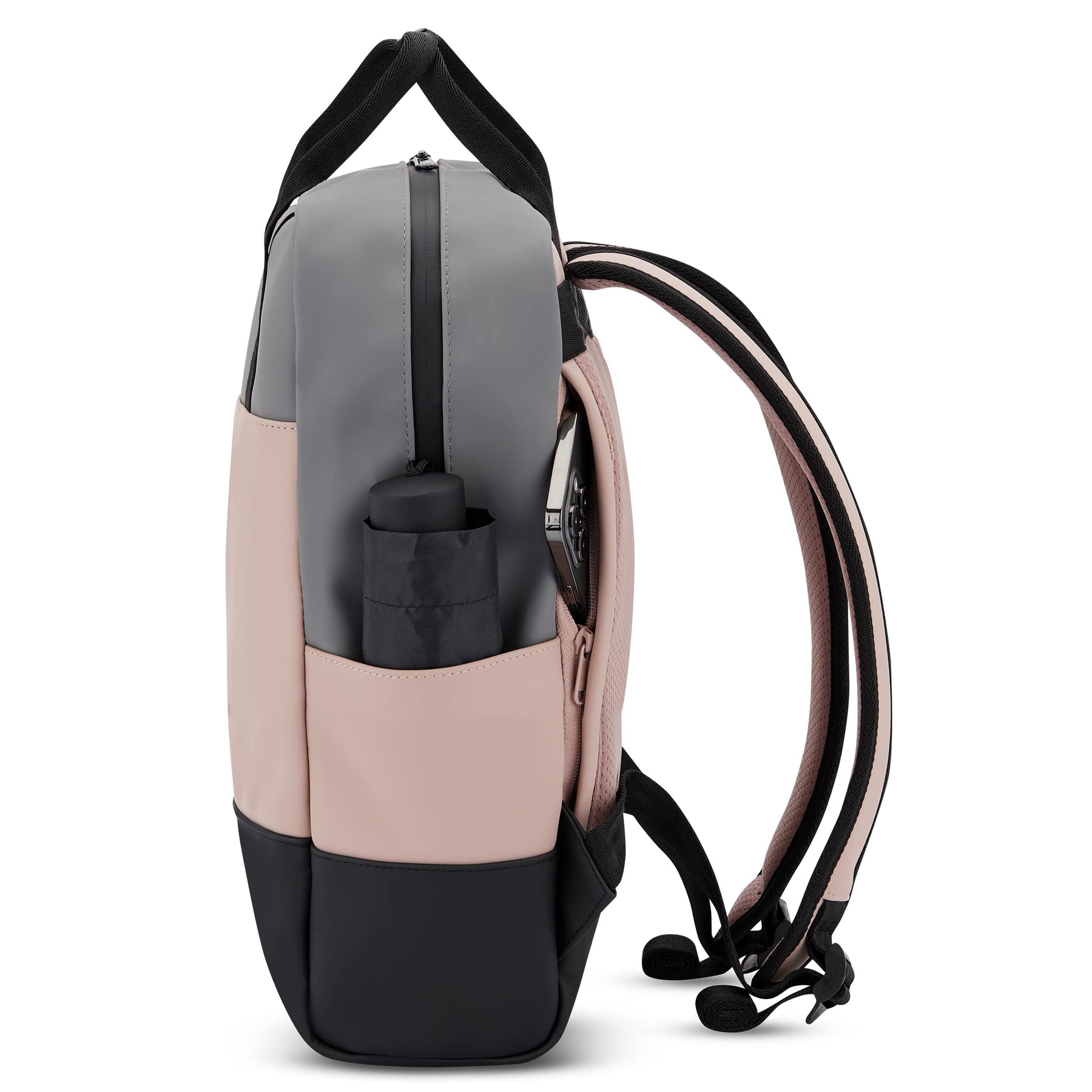 Damenrucksack 'Hailey' in Rosa, Grau und Schwarz mit Seitentasche mit Regenschirm und seitlichem Reißverschlussfach