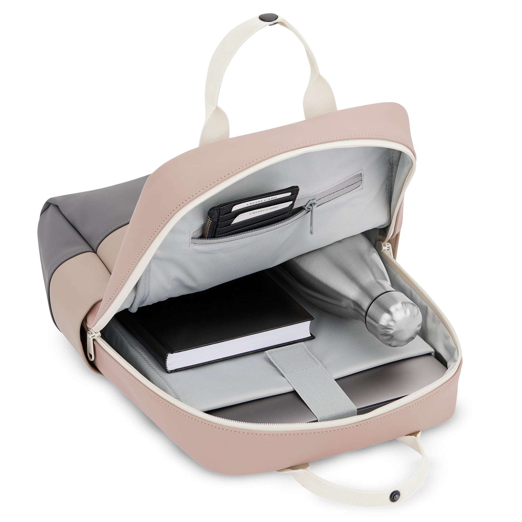 Rucksack 'Hailey' in Beige-Rosa geöffnet mit Laptopfach, Buch, Wasserflasche und Kartenhalter
