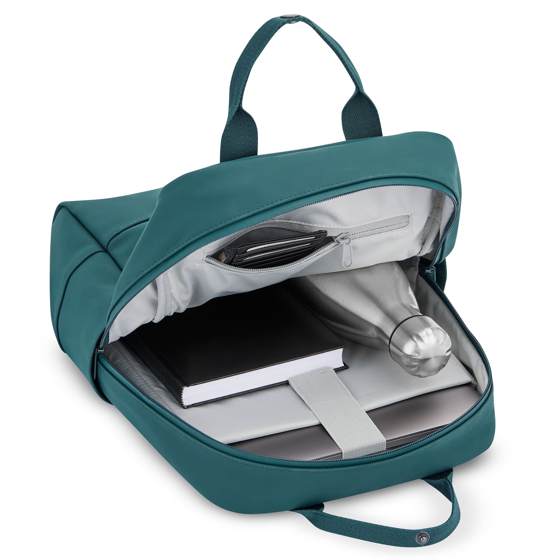 Rucksack 'Hailey' von Johnny Urban in petrolgrün, mit geöffneter Haupttasche, sichtbar innen: Bücher und Wasserflasche