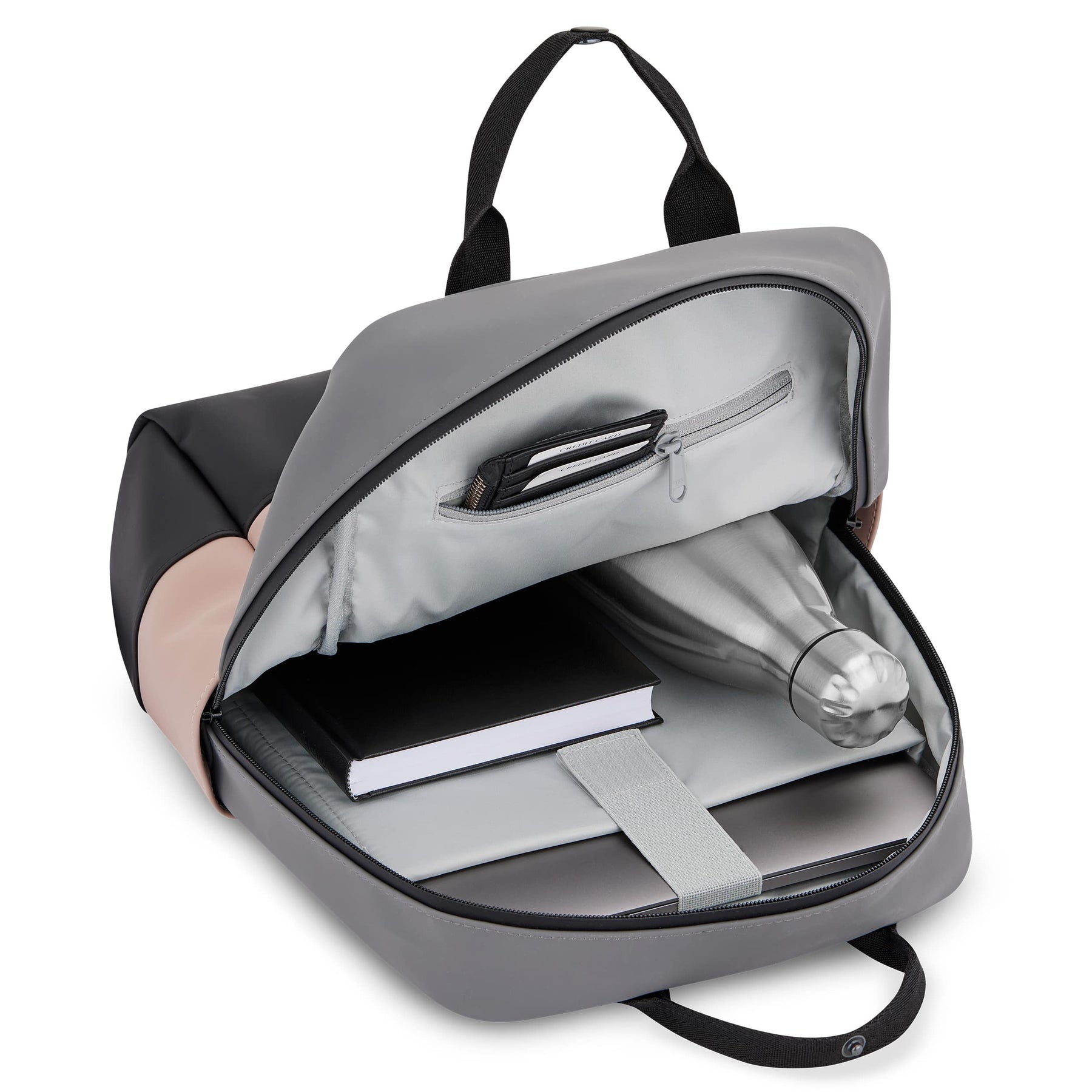 Rucksack 'Hailey' in grau und rosa geöffnet mit Laptop, Buch, Metallflasche und Kartenfach