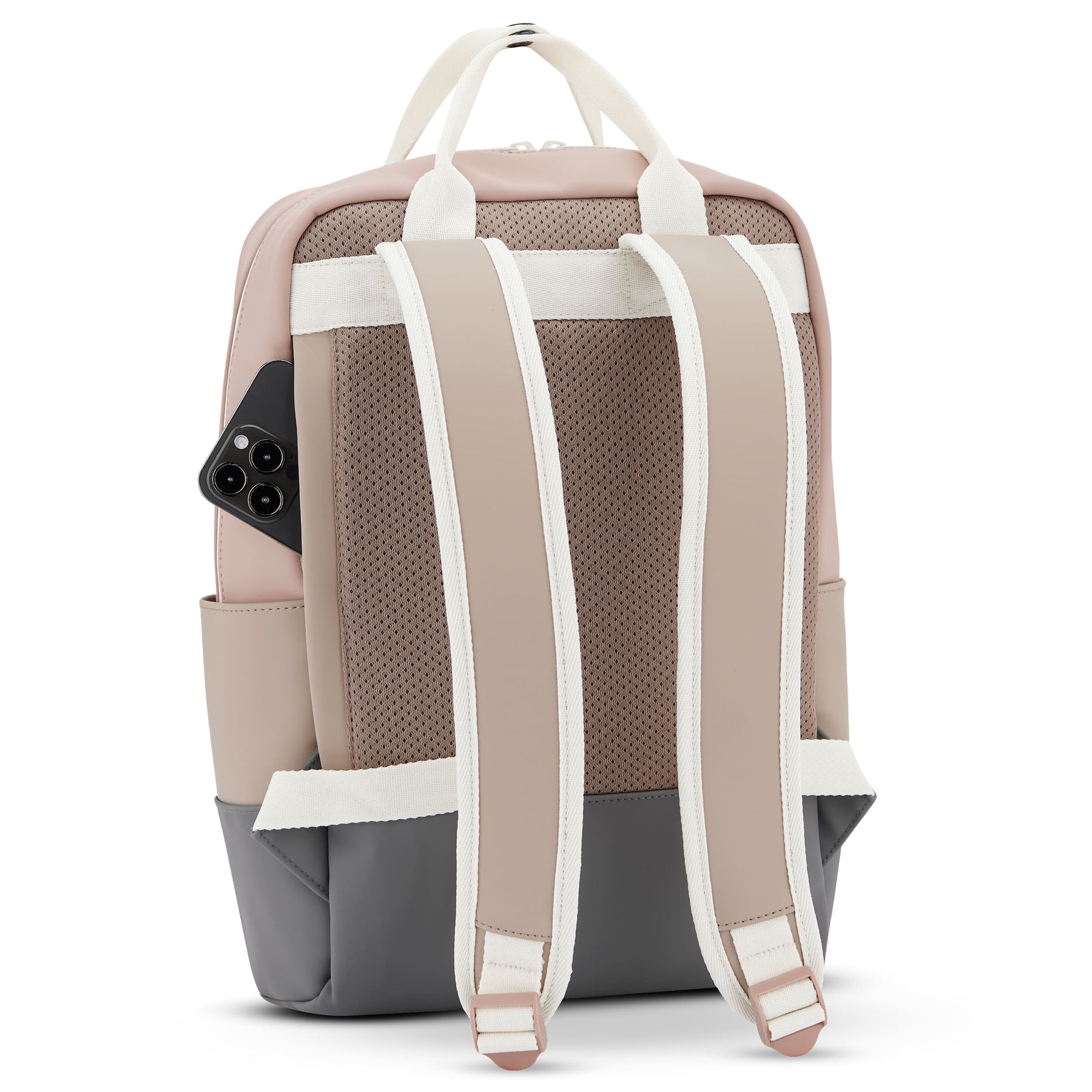 Rucksack Hailey in Beige-Rosa mit gepolsterten Trägern und Handy in seitlicher Tasche