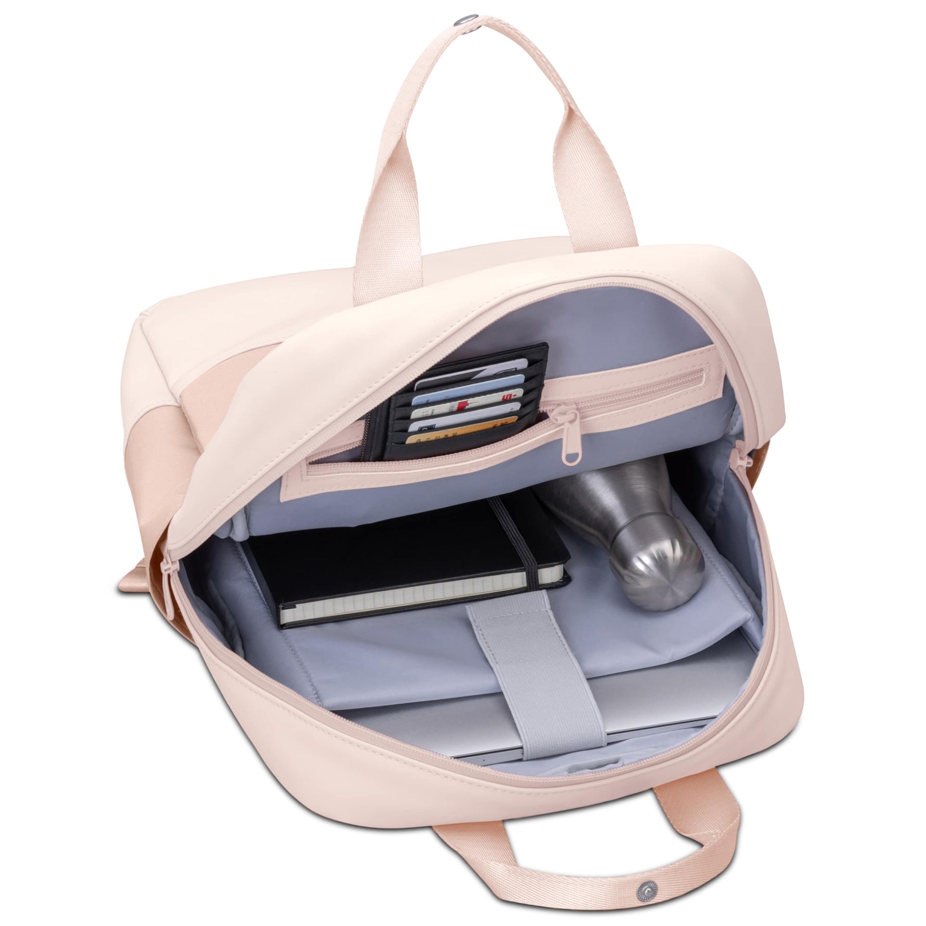 Rucksack 'Jona Medium' in Rosa, geöffnet mit Fächern für Karten, Notizbuch, Trinkflasche und Laptopfach