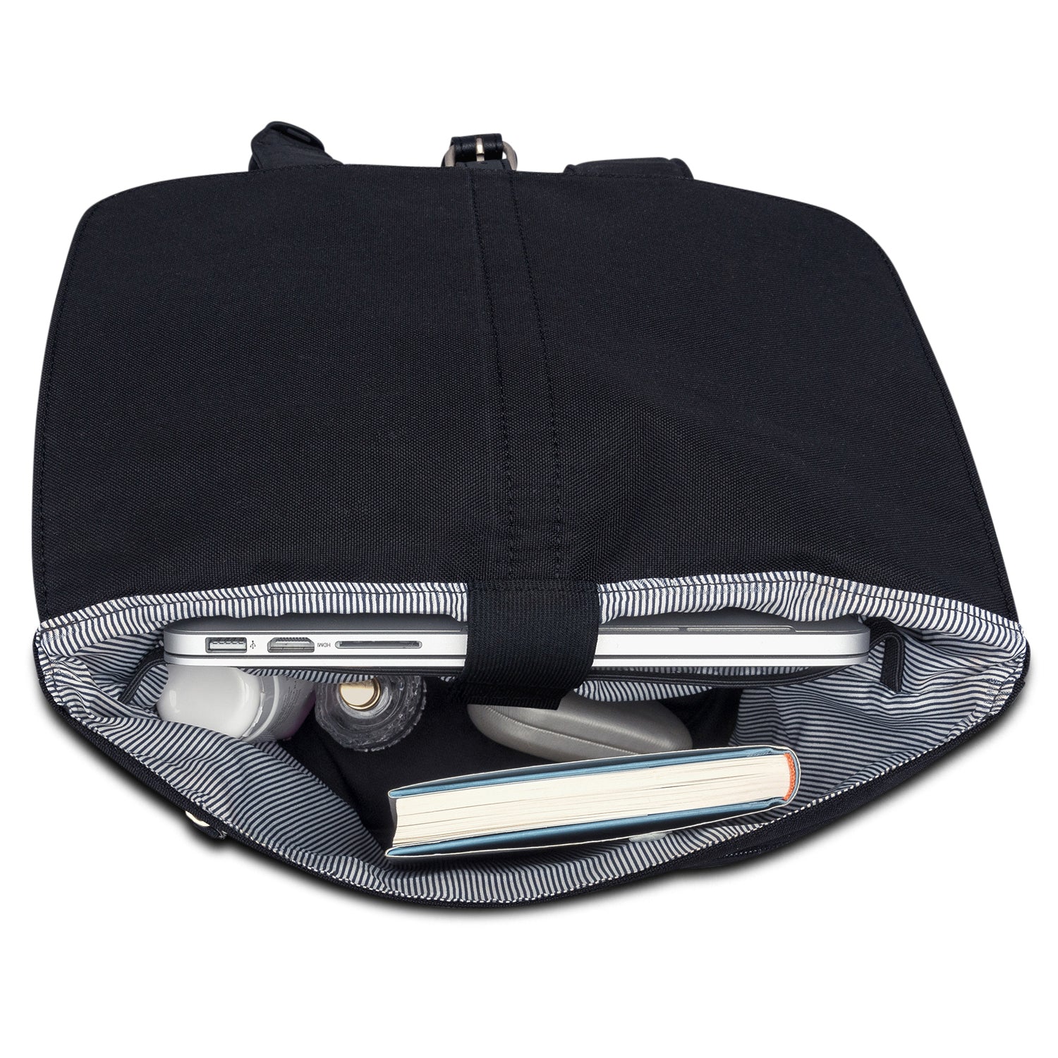 Schwarzer Damenrucksack 'Mia' von Johnny Urban mit Laptopfach, innerer gestreifter Fütterung, Buch und Flasche innen