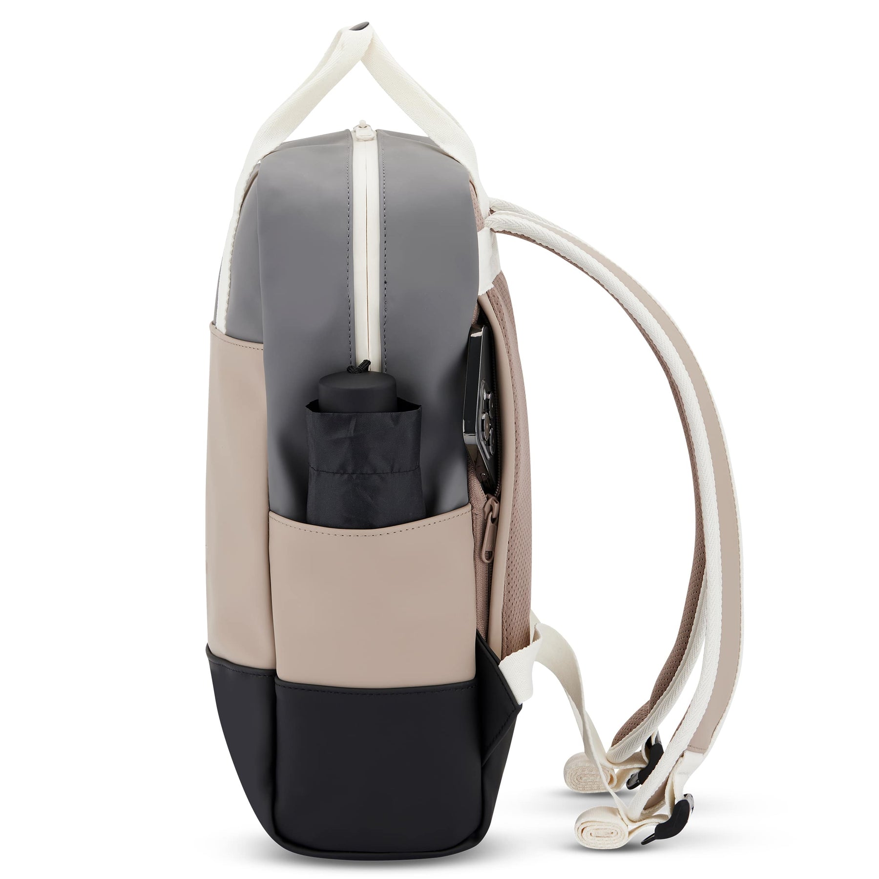 Seitenansicht Damenrucksack 'Hailey' in Beige, Grau und Schwarz mit seitlicher Tasche und Trägern