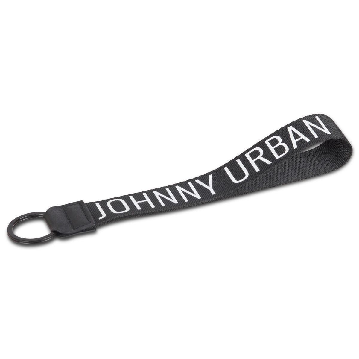 Schwarzes Schlüsselband 'Nick' von Johnny Urban mit weißer Aufschrift und rundem Metallring
