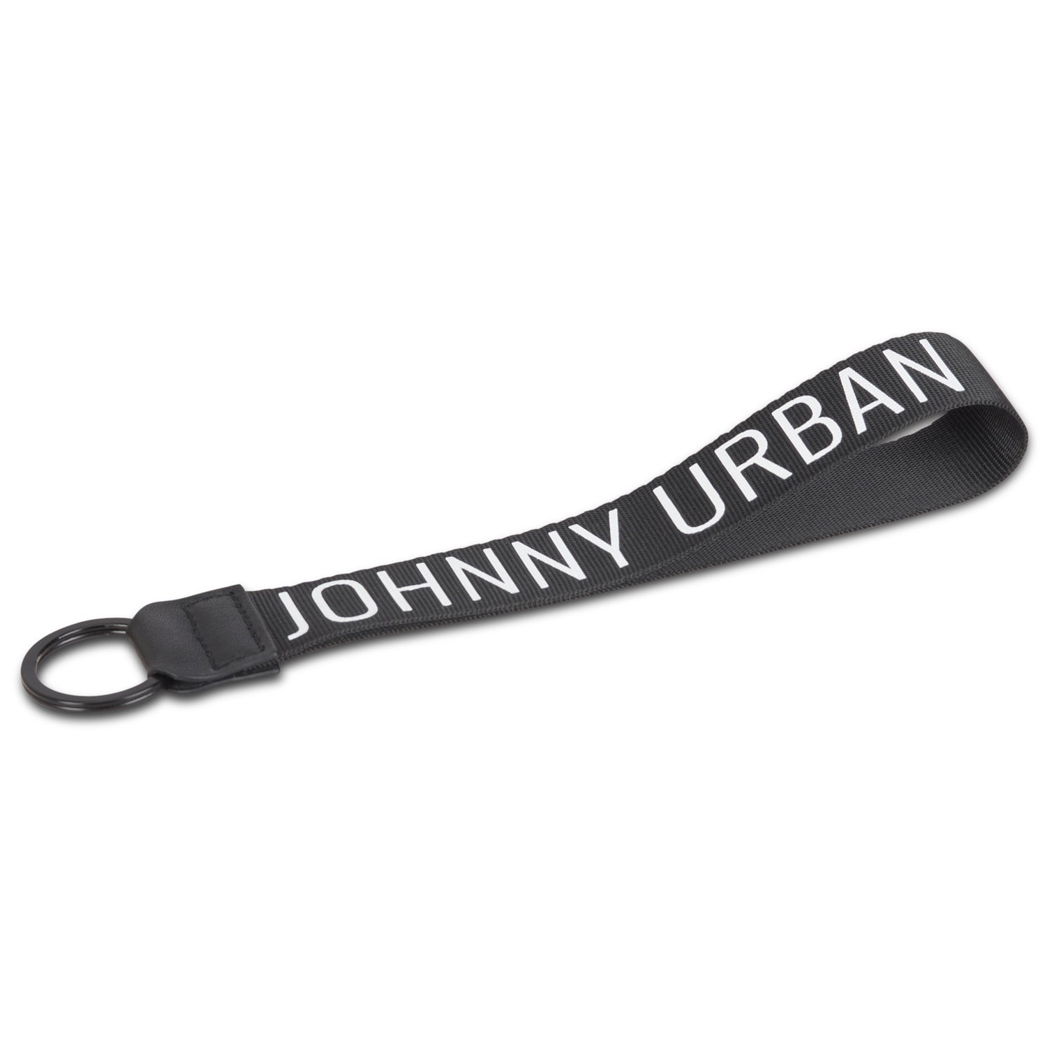 Schwarzes Schlüsselband 'Nick' von Johnny Urban mit weißer Aufschrift und rundem Metallring