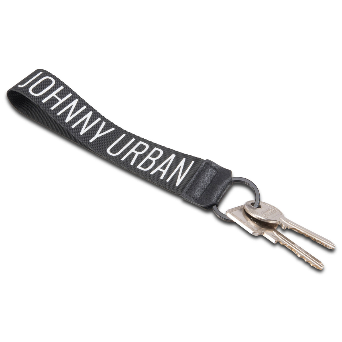 Schwarzes Schlüsselband 'Nick' von Johnny Urban mit weißem Schriftzug und zwei silbernen Schlüsseln am Ring