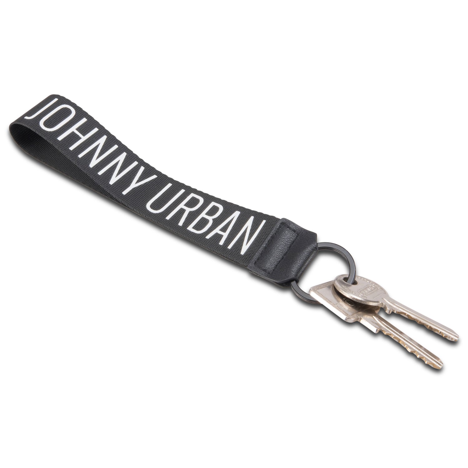 Schwarzes Schlüsselband 'Nick' von Johnny Urban mit weißem Schriftzug und zwei silbernen Schlüsseln am Ring