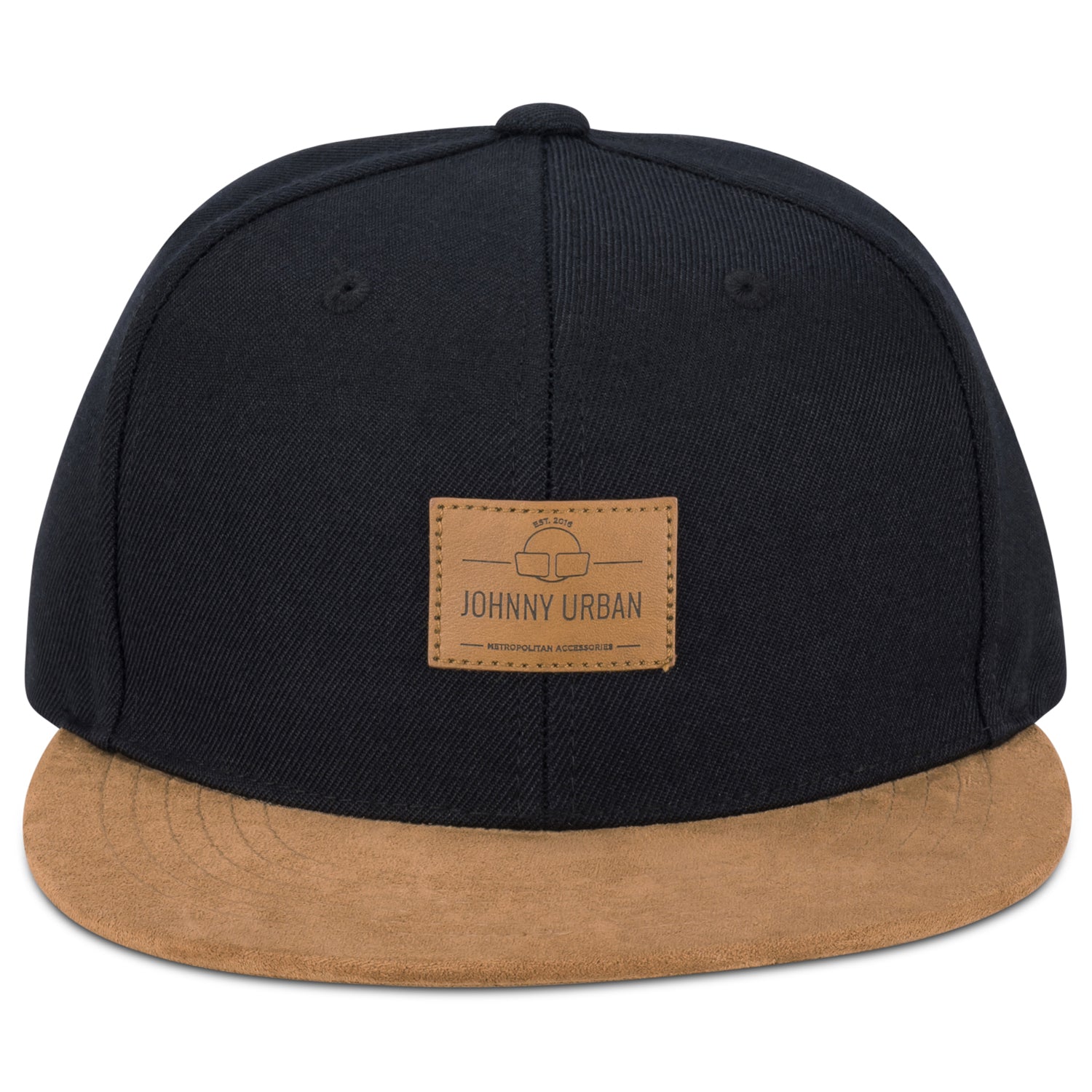 Schwarze Johnny Urban Cap mit braunem Schirm und braunem Logo-Patch vorne