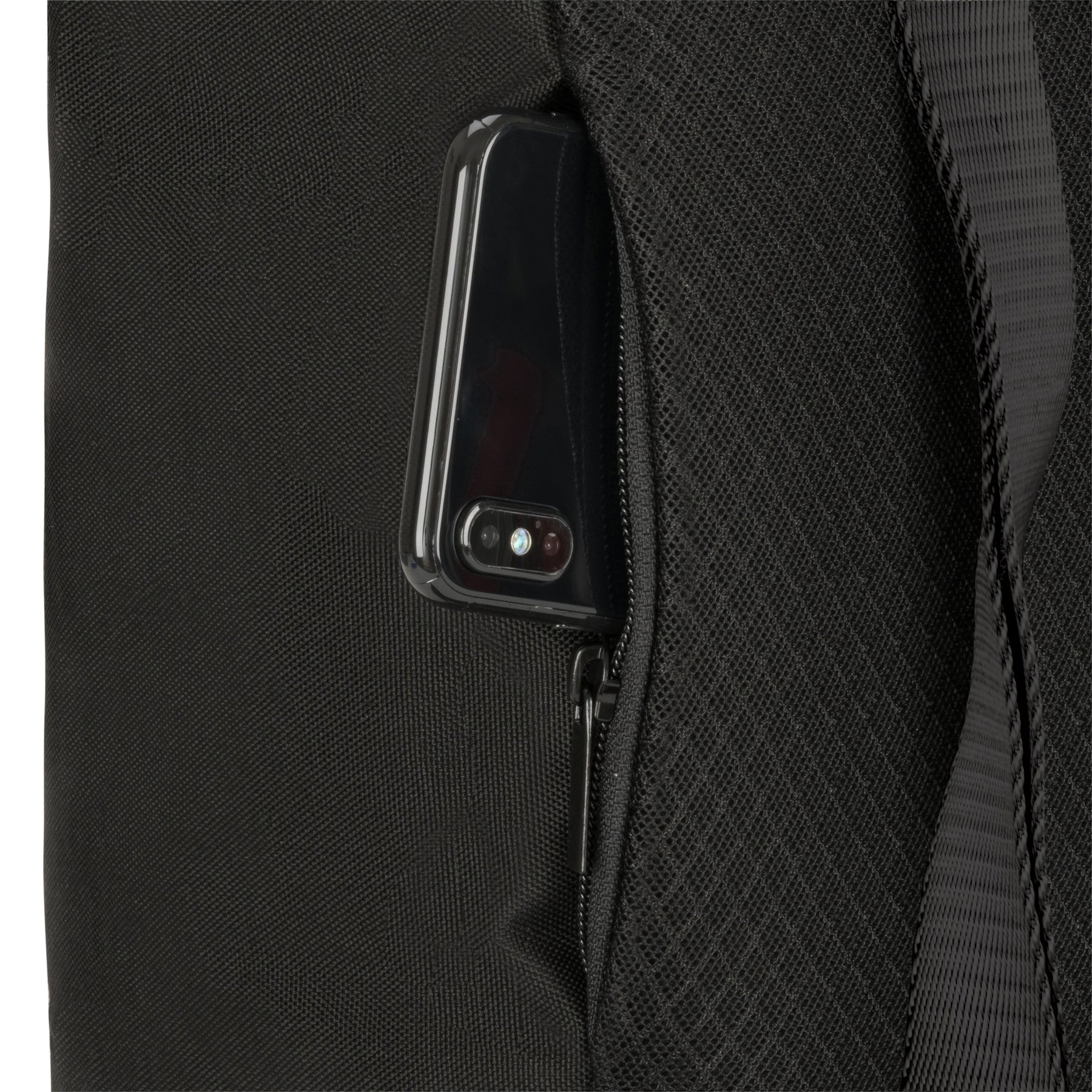 Schwarzer Damenrucksack 'Romy' mit seitlicher Reißverschlusstasche und Smartphone