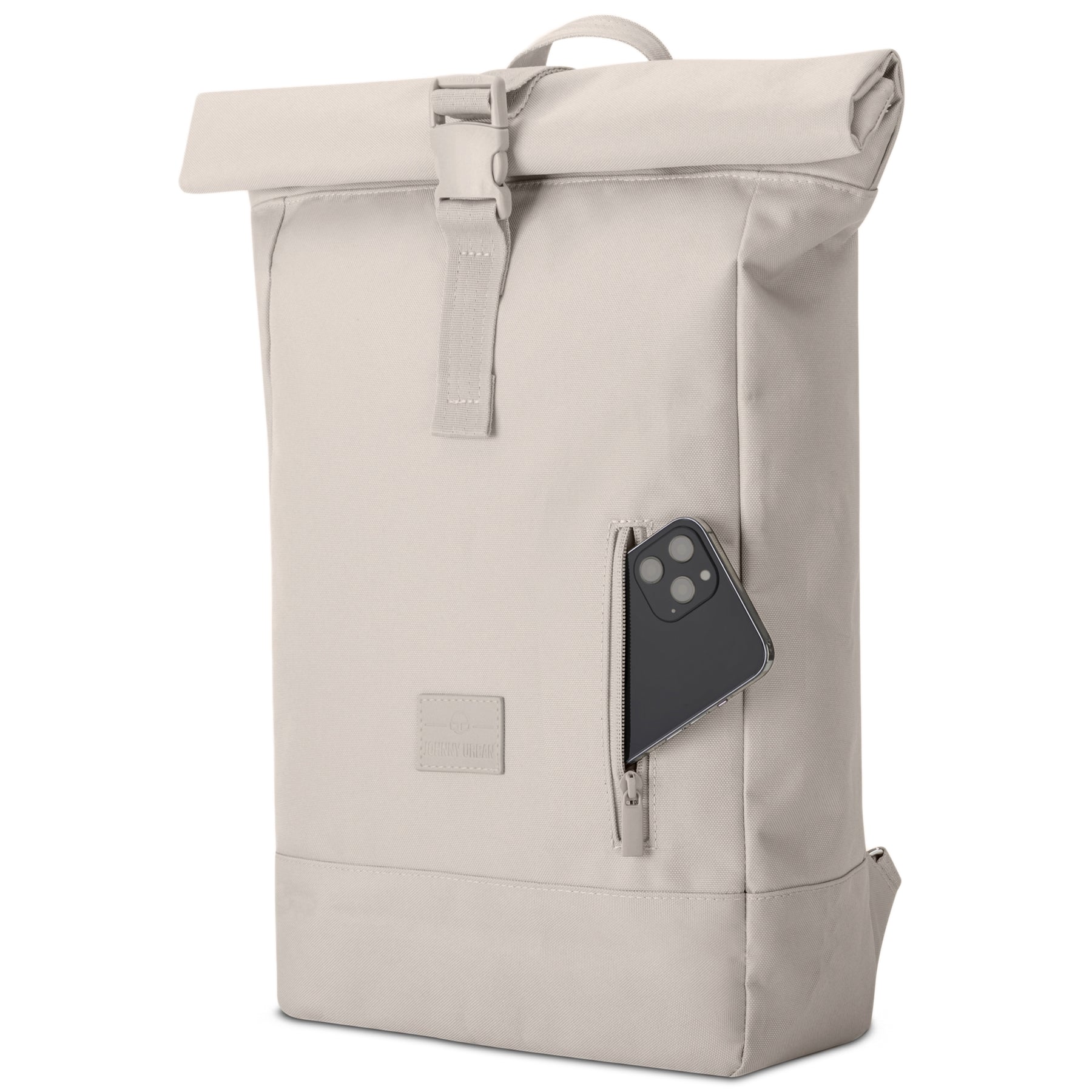 Rolltop Rucksack Robin Medium in hellbeige mit seitlicher Reißverschlusstasche und Smartphone