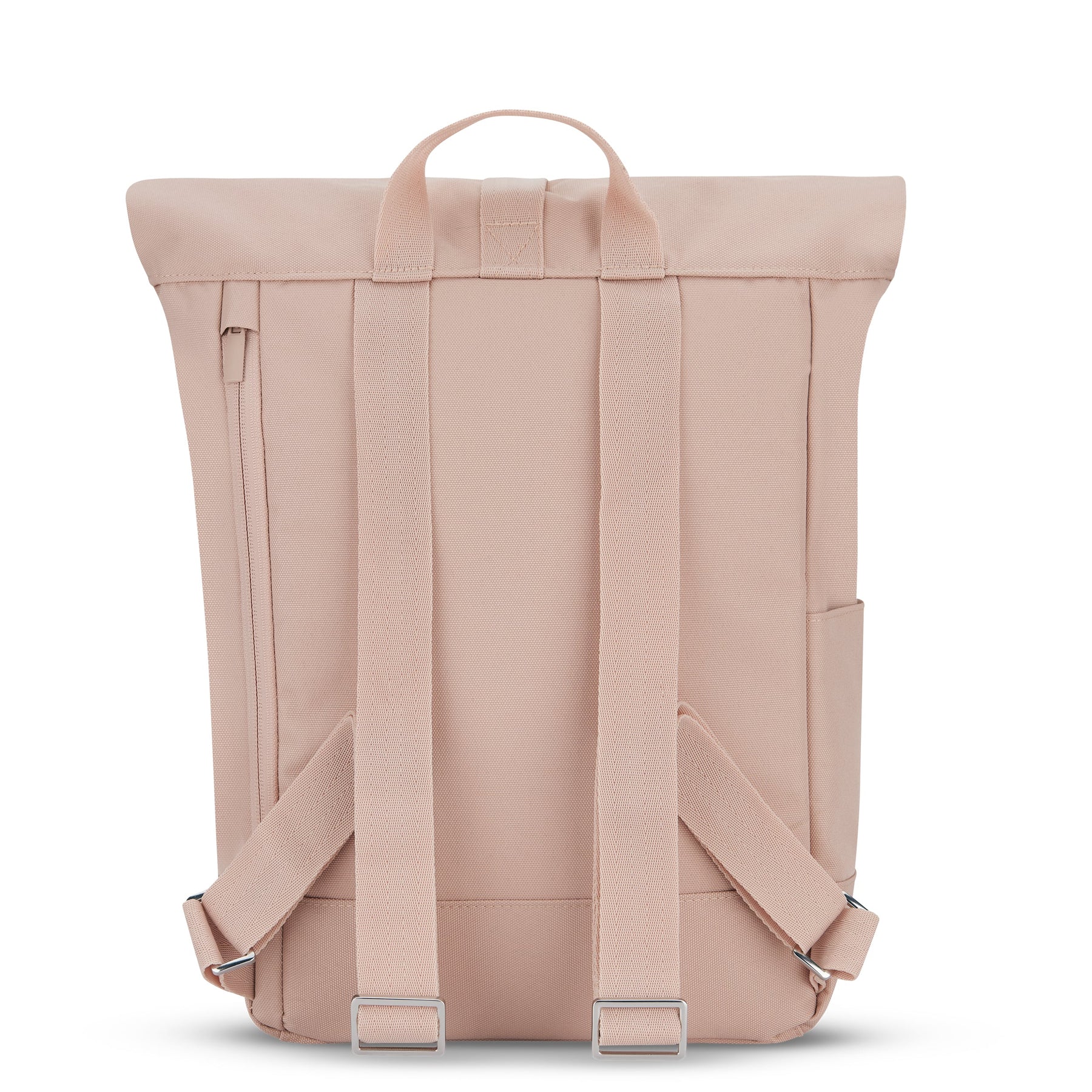 Rückseite des Johnny Urban Rolltop Rucksacks 'Robin Small' in hellrosa mit verstellbaren Schulterriemen und Trageschlaufe