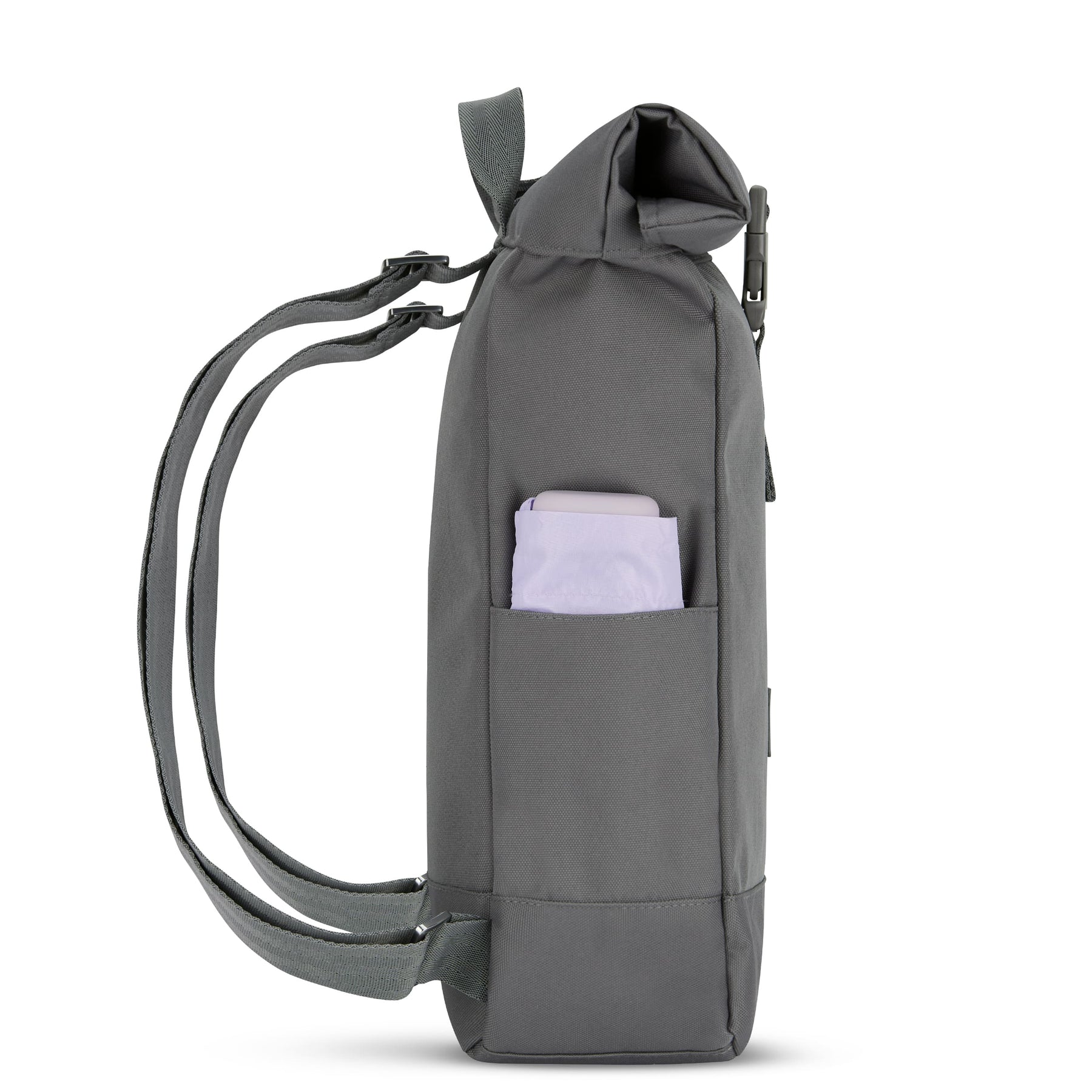 Johnny Urban Rolltop Rucksack Robin Small in dunkelgrau mit seitlicher Tasche und verstellbaren Schultergurten