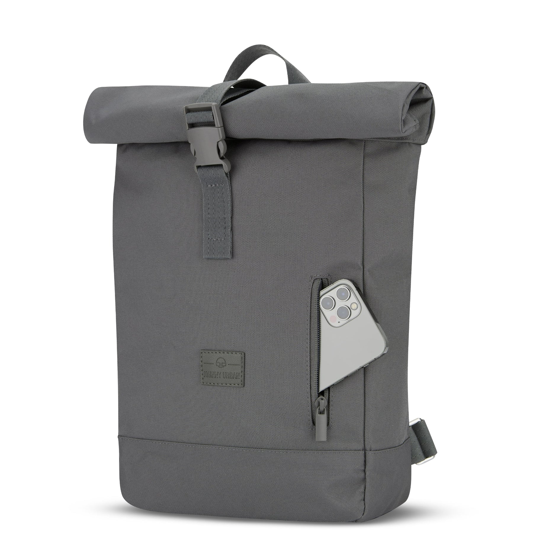 Rolltop Rucksack 'Robin Small' von Johnny Urban in Grau mit seitlicher Reißverschlusstasche und Smartphone