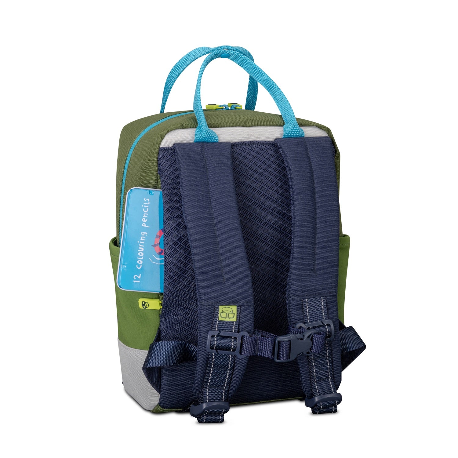 Kinderrucksack Linus mit gepolsterten dunkelblauen Trägern und olivgrünem Hauptkörper