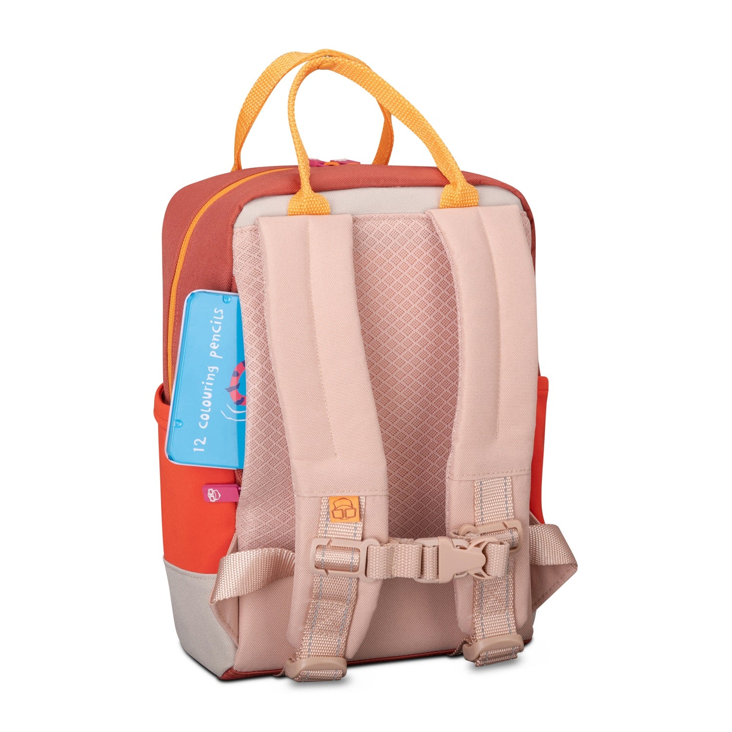 Kinderrucksack Linus mit gepolsterten Trägern, Brustgurt und zwei Henkeln in Orange-Rosa-Tönen