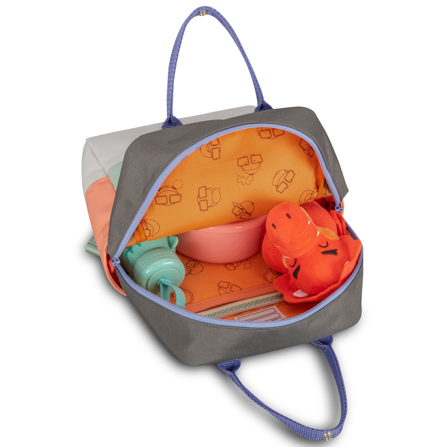 Kinderrucksack 'Linus' mit offenem Hauptfach, innen orange mit Muster, gefüllt mit Trinkflasche, Schüssel und rotem Plüschtier