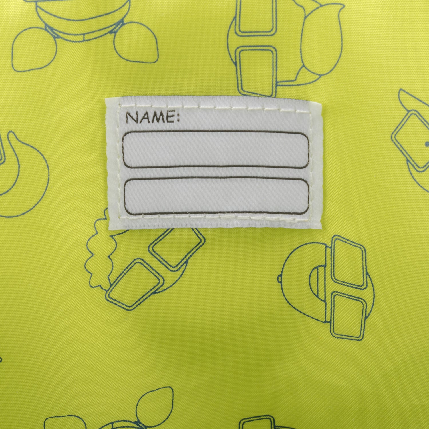 Namensetikett mit zwei leeren Feldern auf gelbem Kinderrucksack 'Linus' mit dicken Brillen-Druck