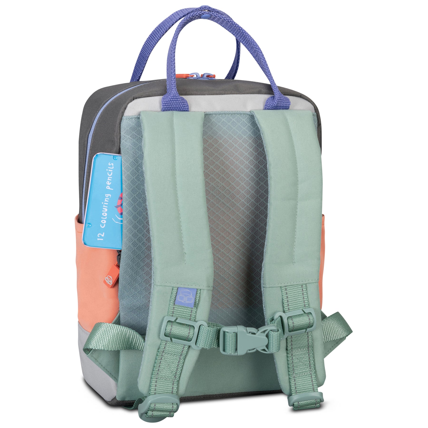 Kinderrucksack Linus mit gepolsterten, grünen Trägern, blauem Griff und orange-grauer Rückseite