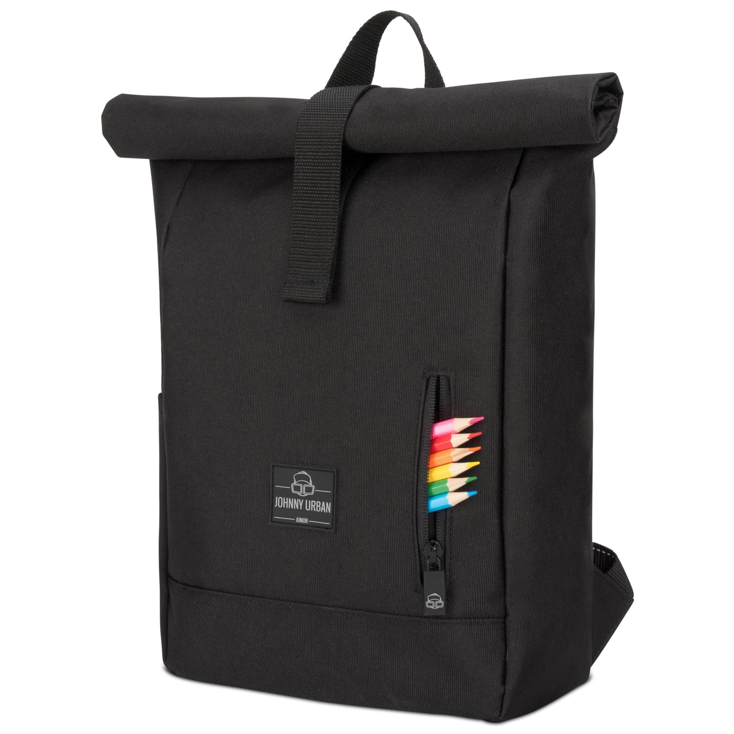 Schwarzer Rolltop-Kinderrucksack 'Aaron' von Johnny Urban mit seitlichem Reißverschluss und bunten Buntstiften