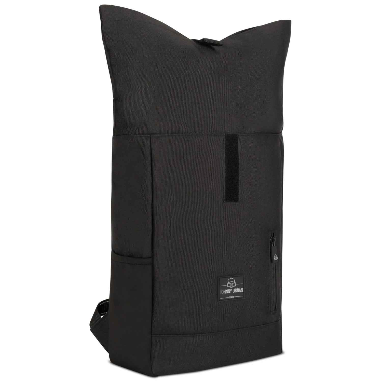 Schwarzer Rolltop Kinderrucksack 'Aaron' von Johnny Urban mit Fronttasche und kleinem Reißverschlussfach