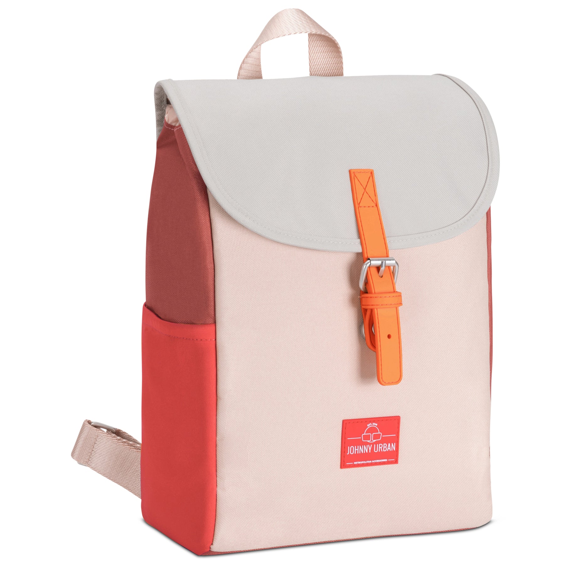 Kleiner Damenrucksack 'Romy' von Johnny Urban, dreifarbig in Rosa, Rot und Beige mit orangem Riemen
