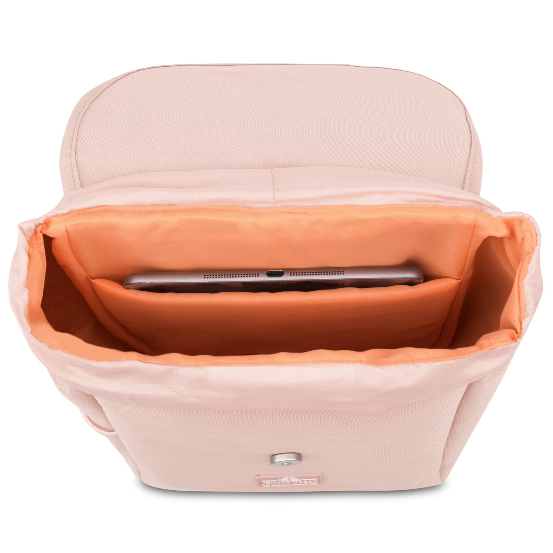 Kleiner Damenrucksack Romy in Rosa mit orangefarbenem Innenfutter und gepolstertem Laptopfach