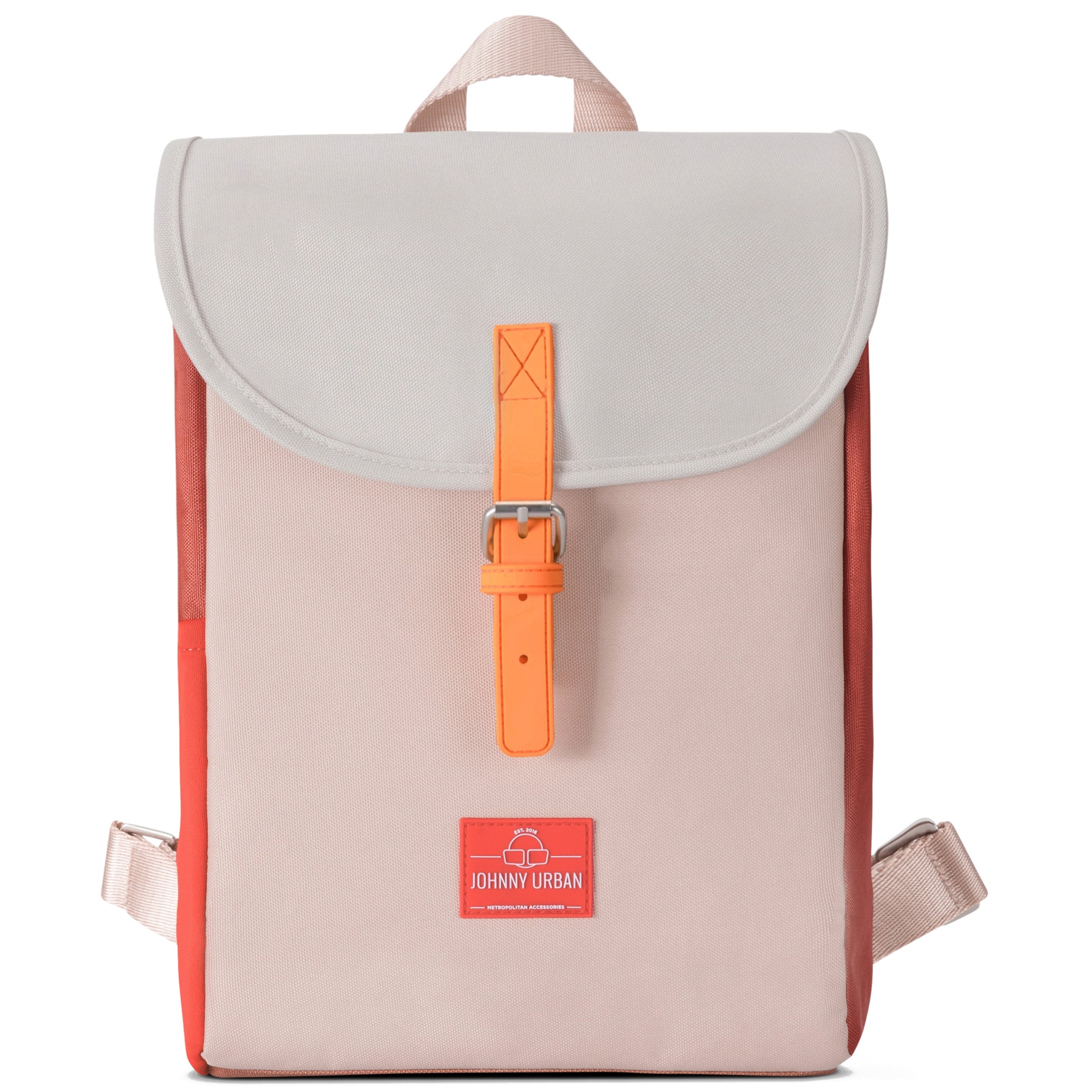 Kleiner Damenrucksack ‚Romy‘ von Johnny Urban in Rosa mit oranger Schnalle und rotem Rand