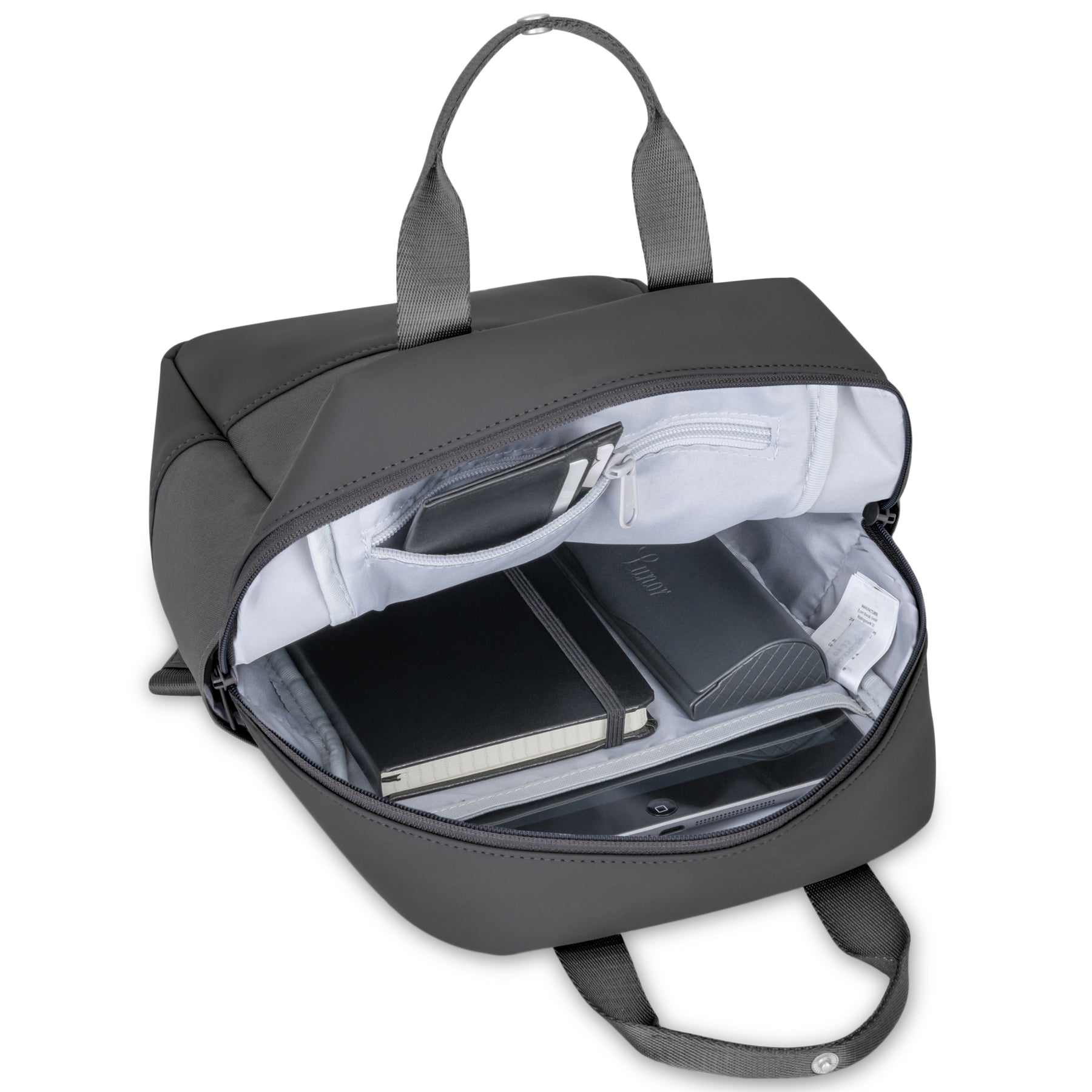 Dunkelgrauer Rucksack 'Jona Small' mit geöffnetem Hauptfach, Innenfächern und Notebook, Geldbörse, Notizbuch und Tablet darin