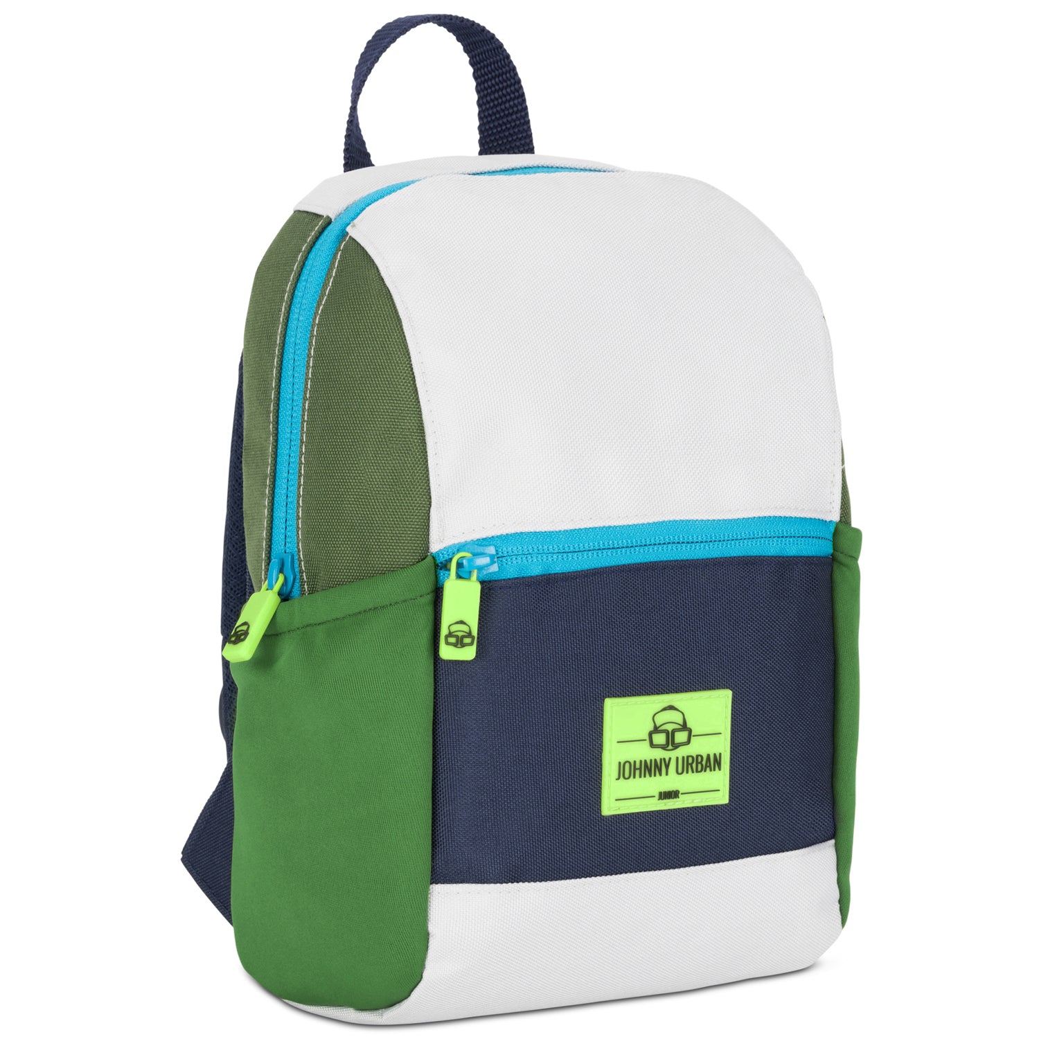 Kinderrucksack 'Leo' von Johnny Urban in Weiß, Dunkelblau, Grün mit türkisfarbenem Reißverschluss