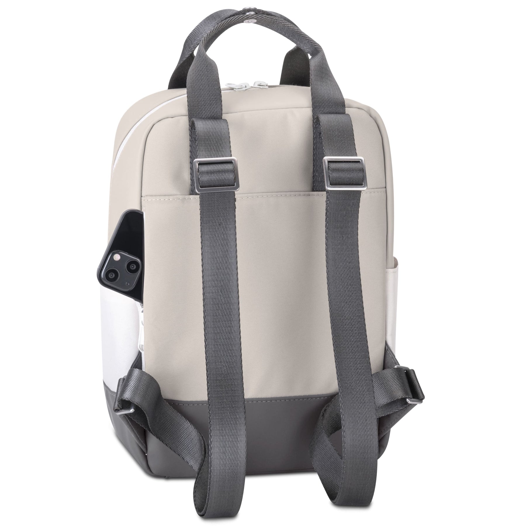 Rucksack 'Jona Small' in Sandgrau mit verstellbaren dunkelgrauen Trägern und einer Handytasche mit Handy