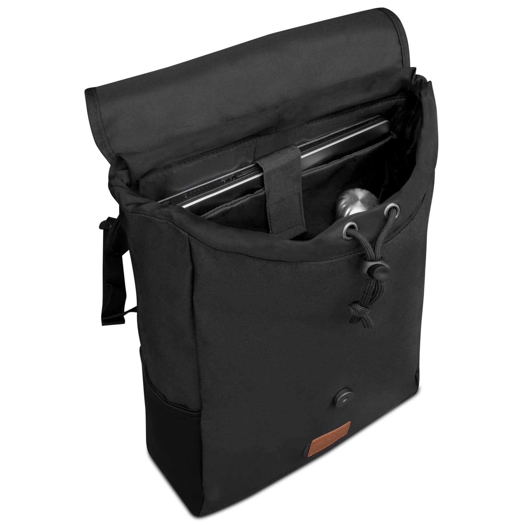 Schwarzer Laptop-Rucksack "Liam" mit offenem Hauptfach, sichtbar Laptop und Flasche innen
