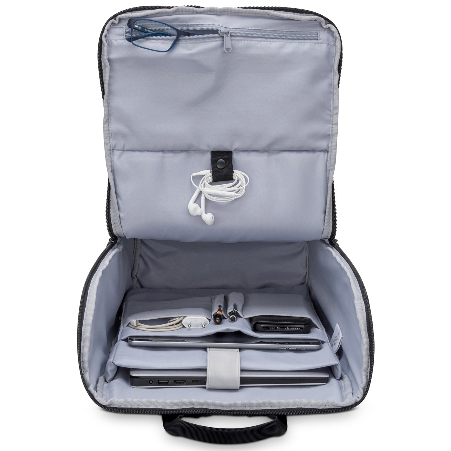 Offener schwarzer Business-Rucksack Jasper mit Laptop, Tablet, Kabeln und Kopfhörern in aufgeräumtem Innenfach