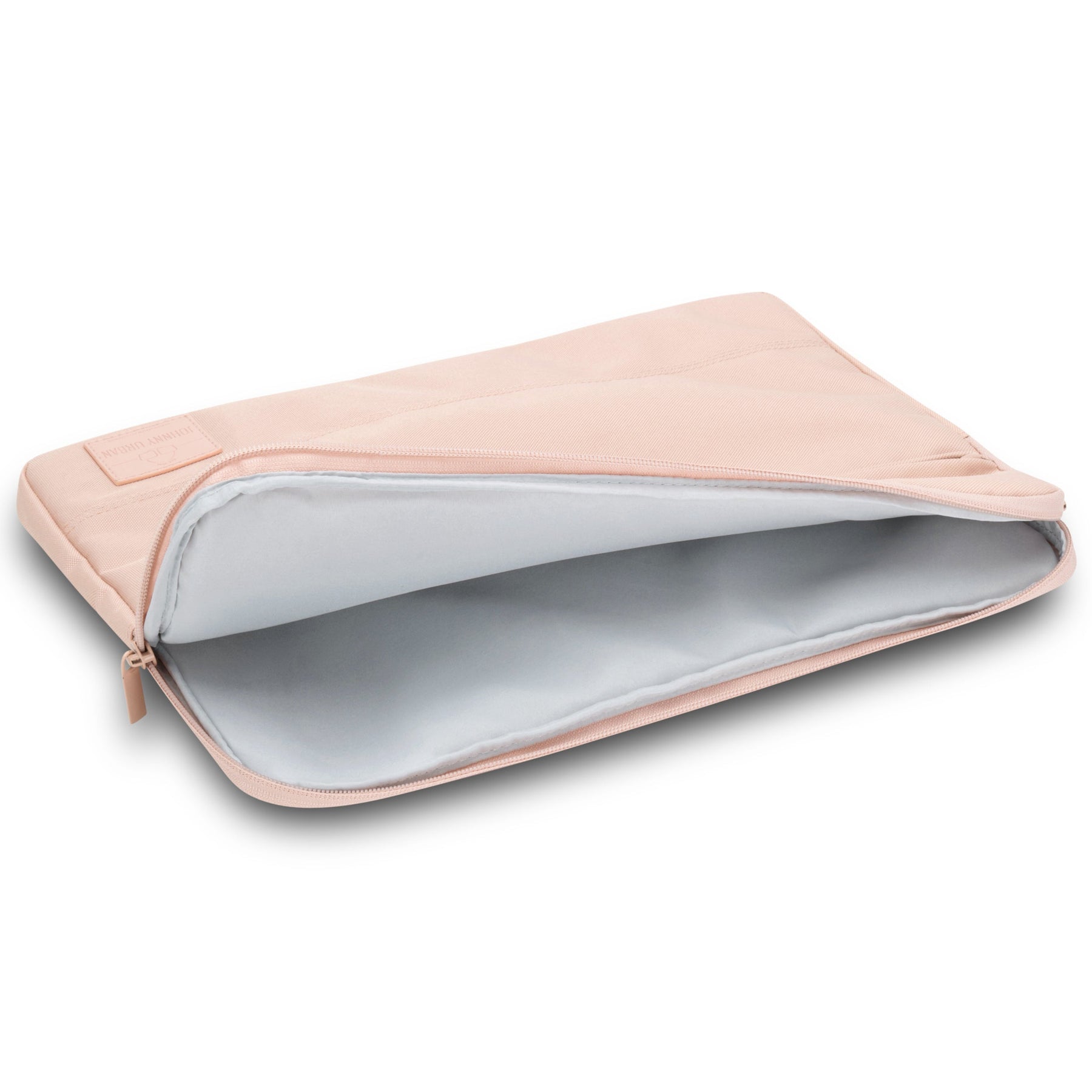 Laptop Hülle 'Jake' in Rosa für 13-16 Zoll, geöffneter Reißverschluss zeigt hellgraues Innenfutter