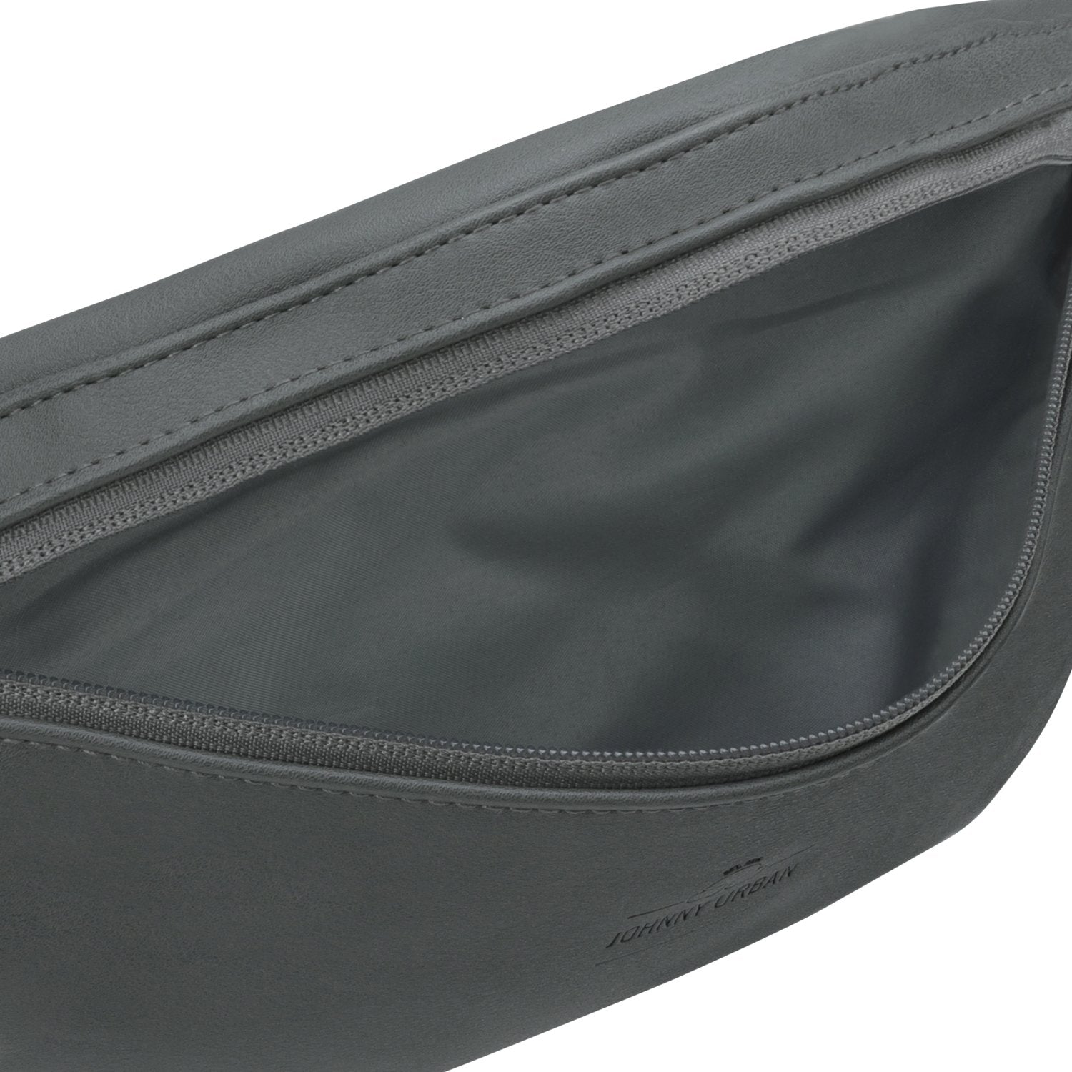 graue Bauchtasche 'Toni' aus Kunstleder mit geöffnetem Reißverschluss, Innenfutter sichtbar