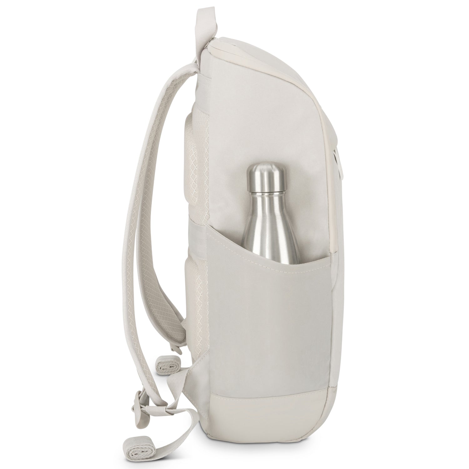 Beiger Business-Rucksack 'Jasper' mit seitlicher Außentasche und darin steckender silberner Trinkflasche