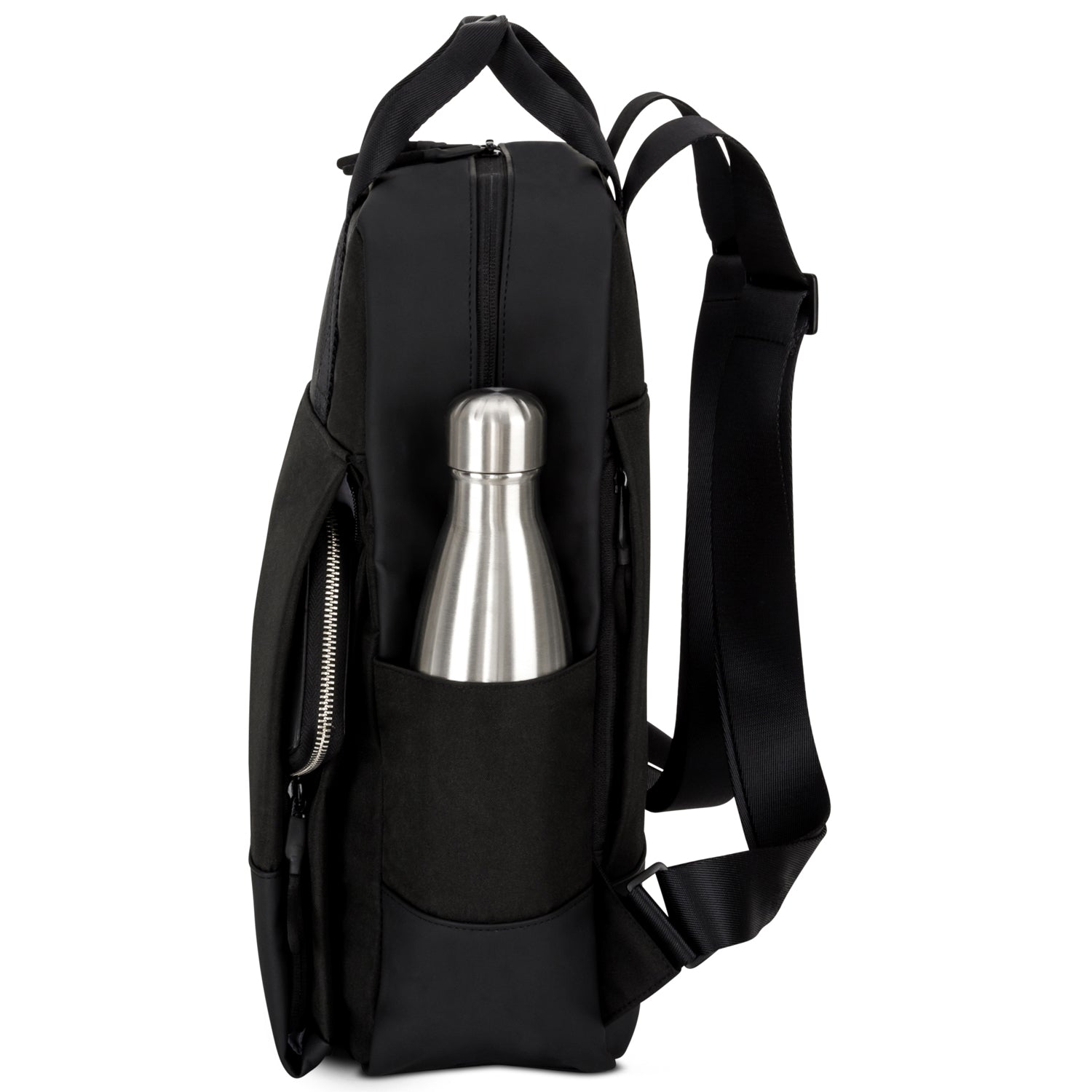 Schwarzer Rucksack 'Jona Large' mit Seitenfach und silberner Trinkflasche