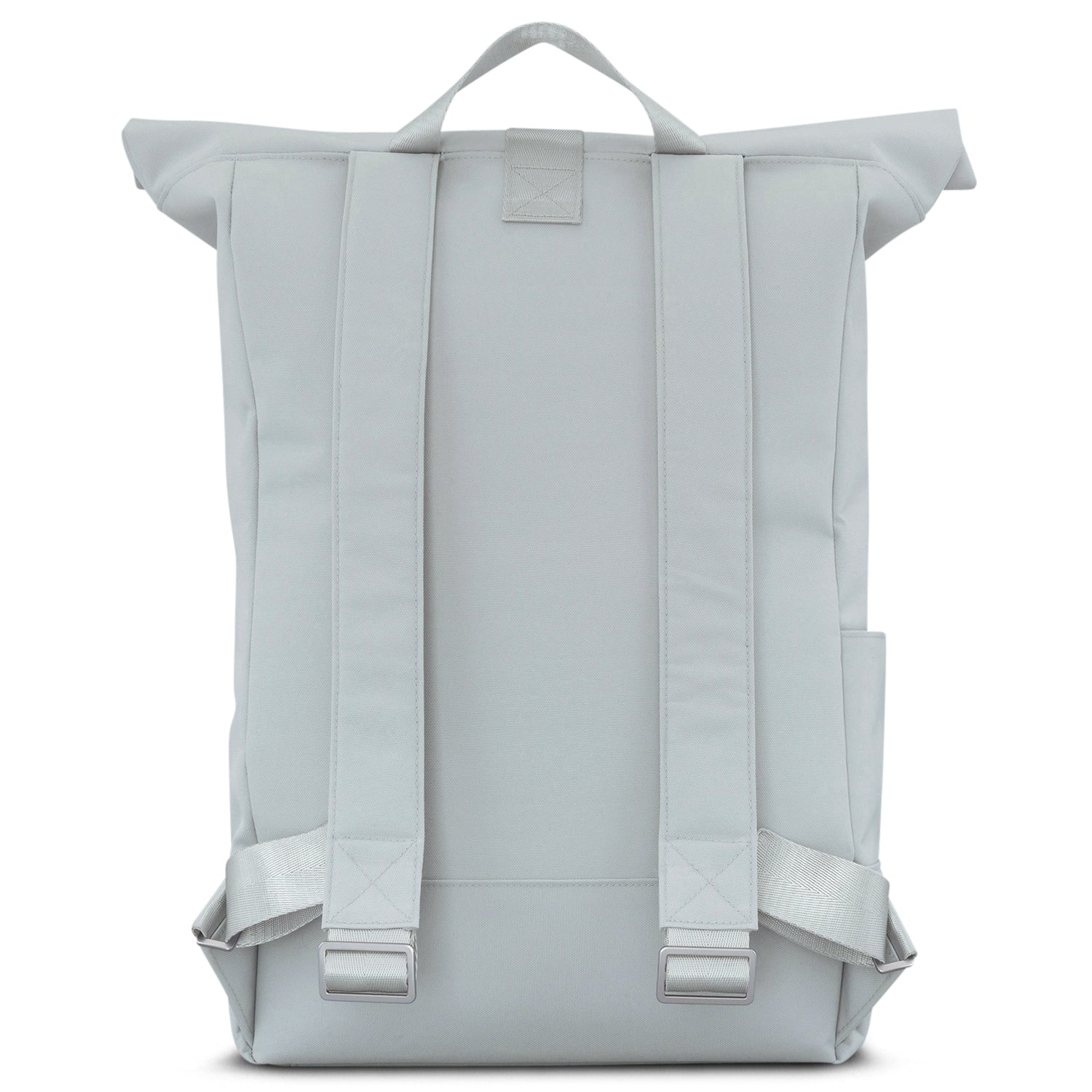 Rückansicht des grauen Rolltop Rucksacks 'Robin Large' mit gepolsterten Schulterriemen und Trageschlaufe