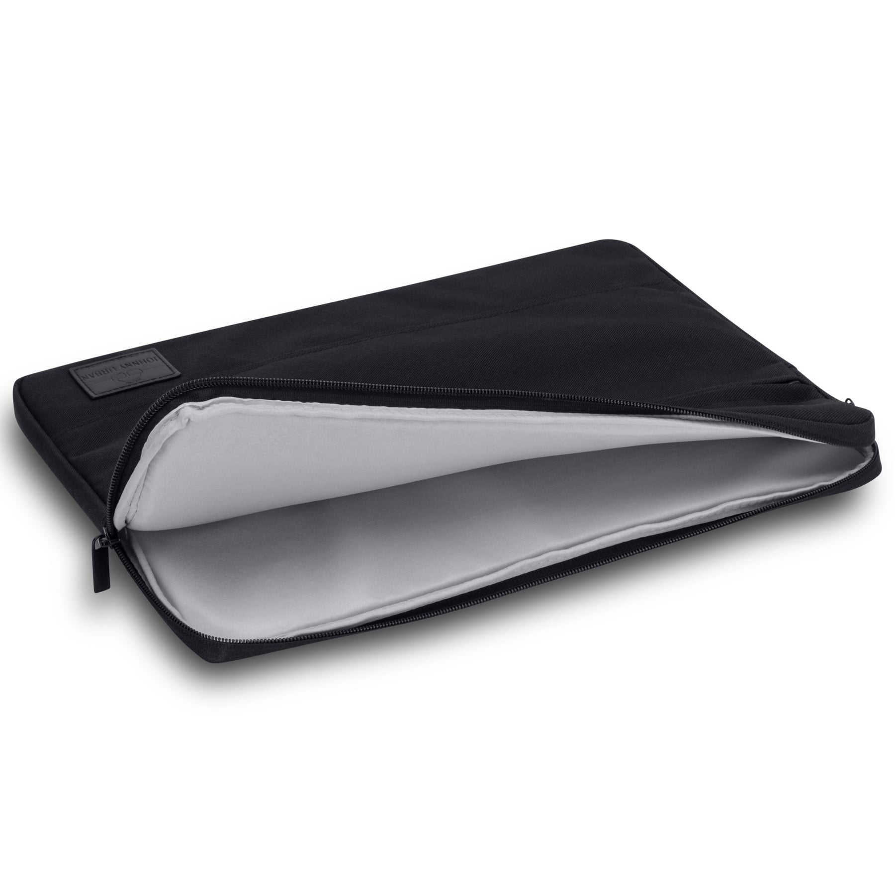 Schwarze Laptop Hülle 'Jake' für 13-16 Zoll Laptops, offen mit sichtbarem hellgrauem Innenfutter