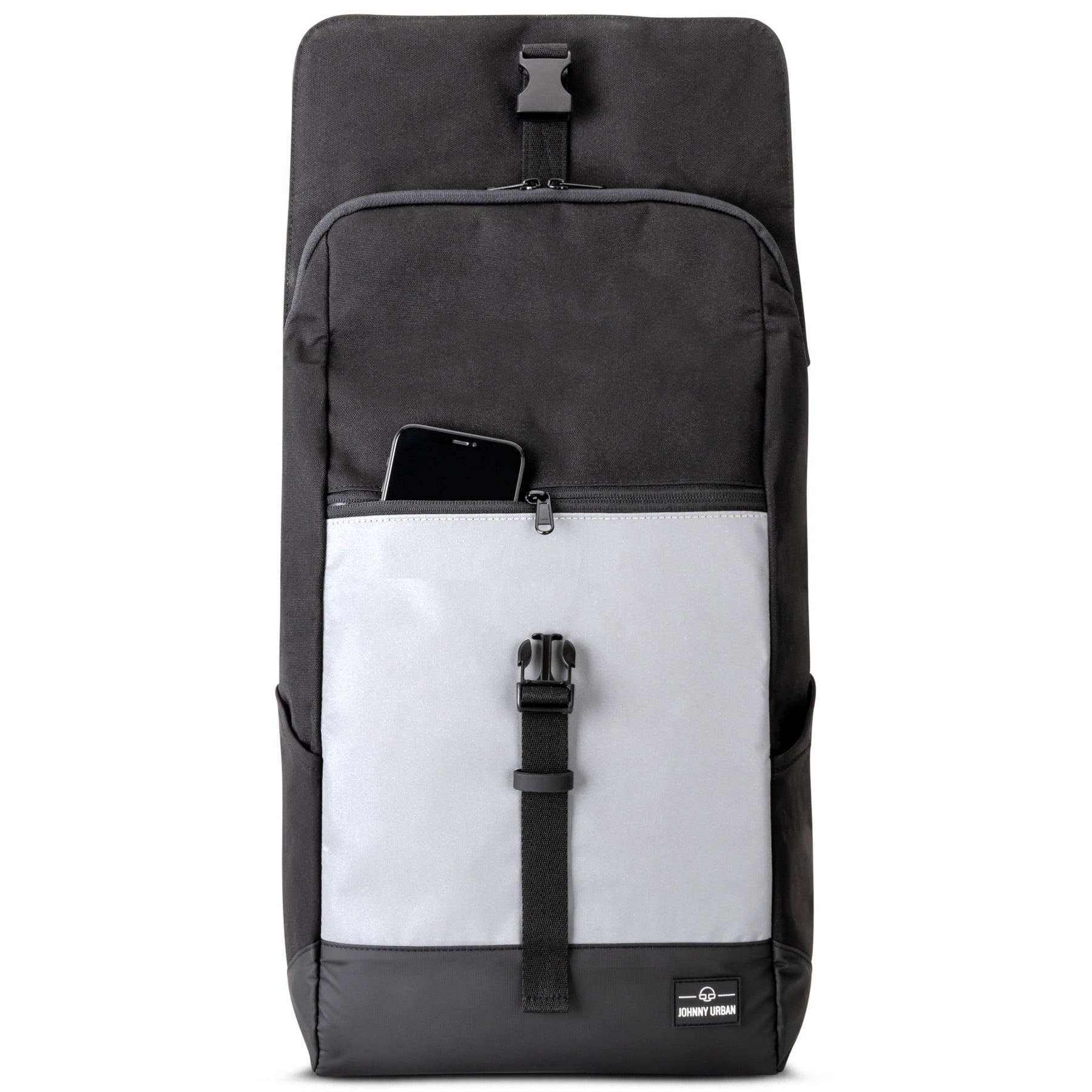 Reflektierender Rucksack Mika in Schwarz und Grau mit aufgesetzter Tasche und Smartphone