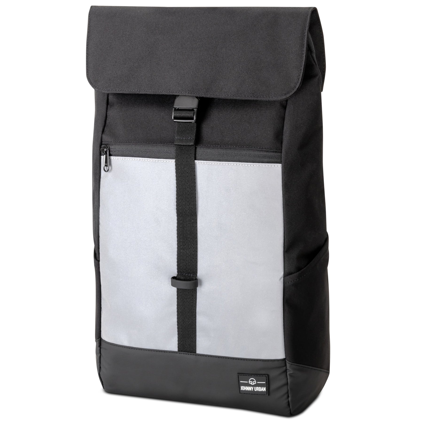 Reflektierender Rucksack ‚Mika‘ mit schwarzem Oberteil, grauer Fronttasche und Verschlussriemen