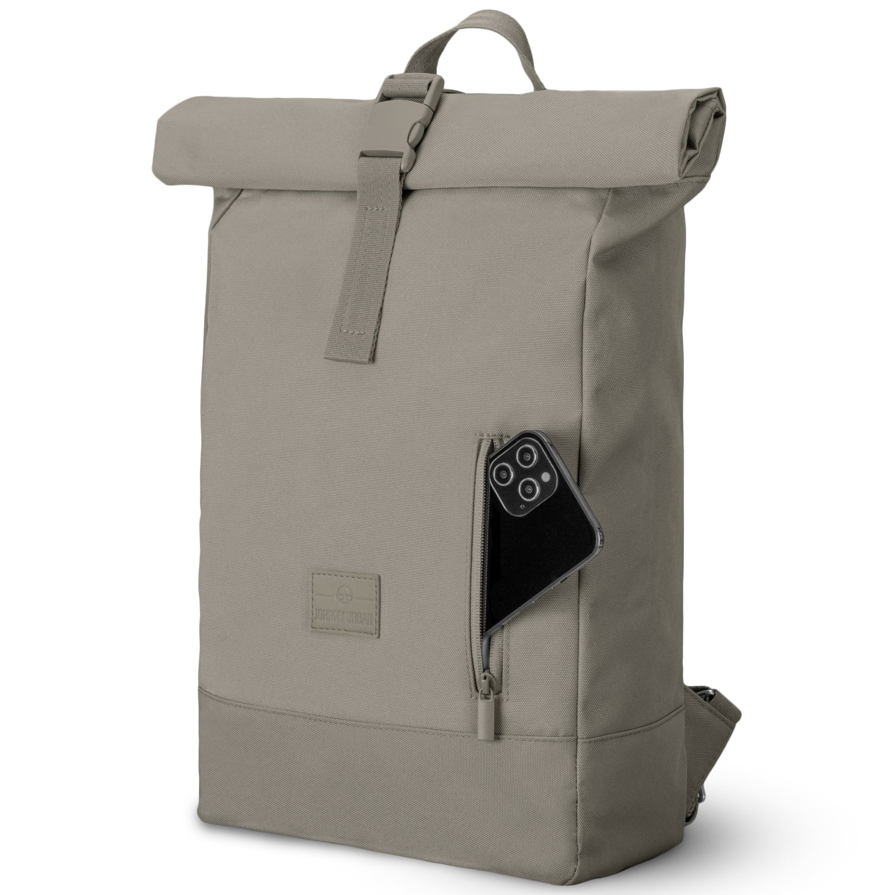 Johnny Urban Rolltop Rucksack 'Robin Medium' in desert-grau mit frontaler Reißverschlusstasche und Smartphone