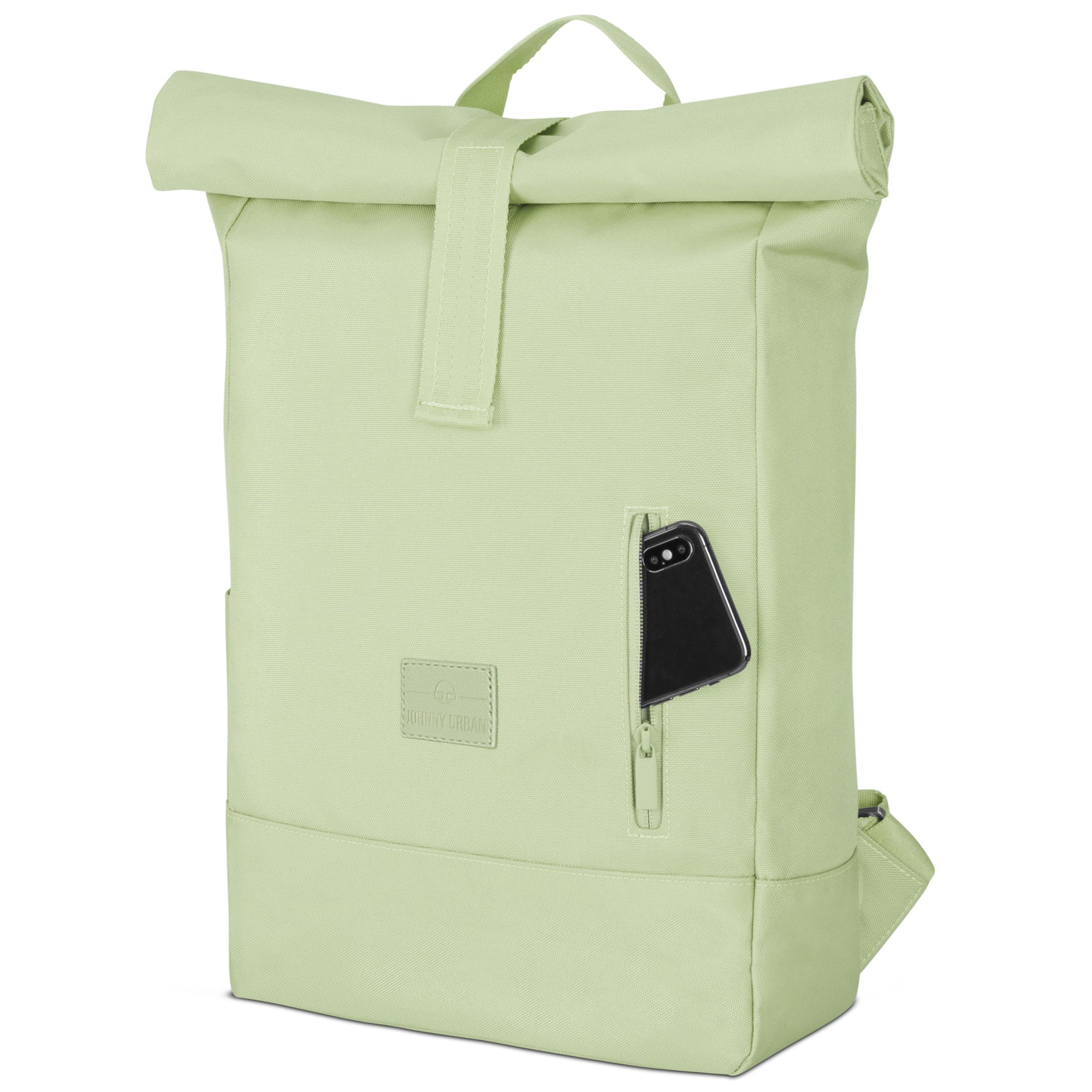 Johnny Urban Rolltop Rucksack ‚Robin Medium‘ in hellem Limettengrün mit seitlicher Reißverschlusstasche und Smartphone