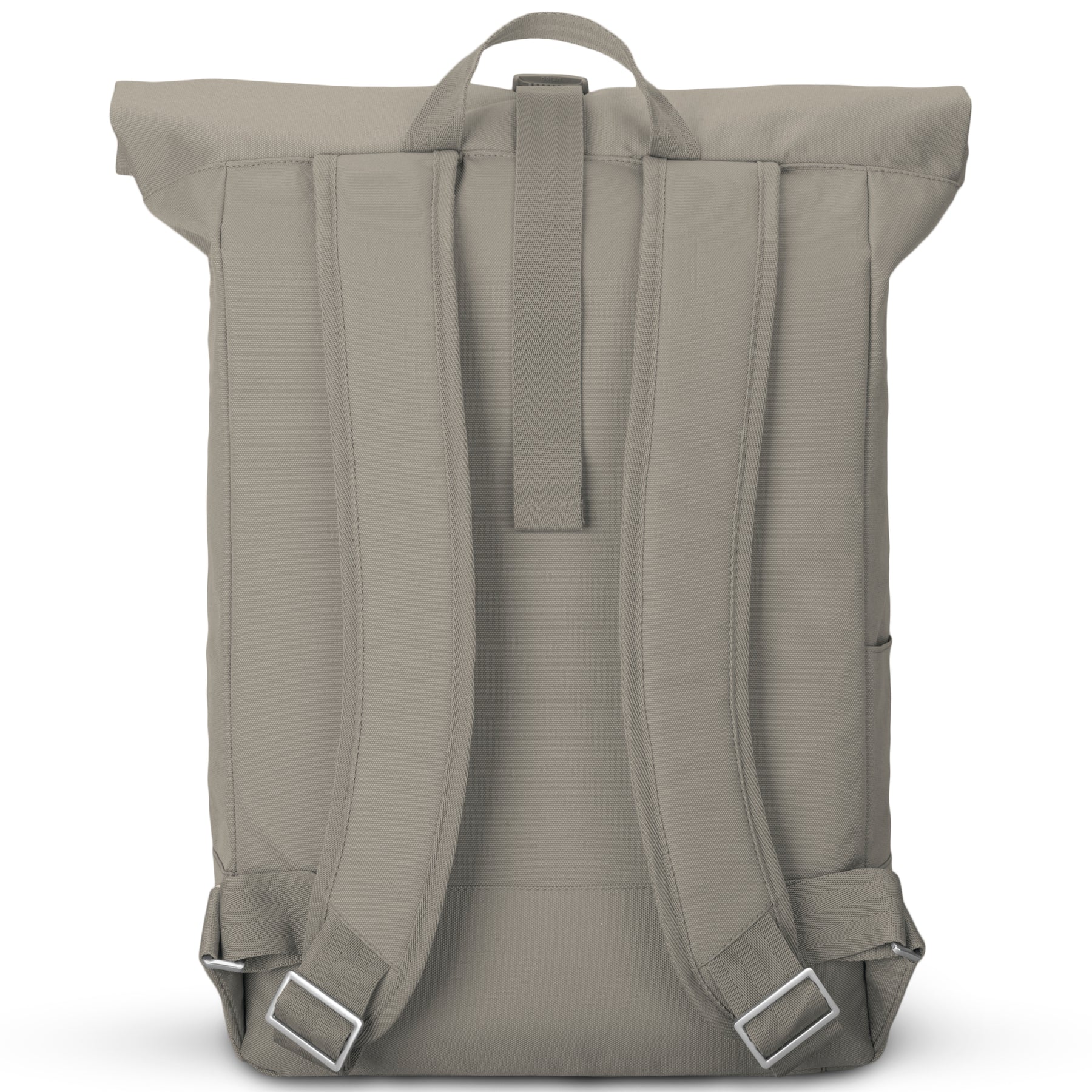 Rückseite des Johnny Urban Rolltop Rucksacks 'Robin Large' in desertgrey mit gepolsterten Schulterriemen und Trageschlaufe