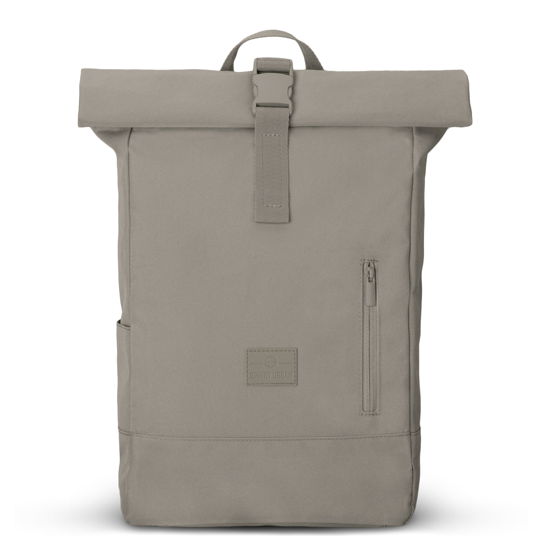 Rolltop-Rucksack Robin Medium in desertgrau mit Frontreißverschluss und geprägtem Johnny Urban Logo