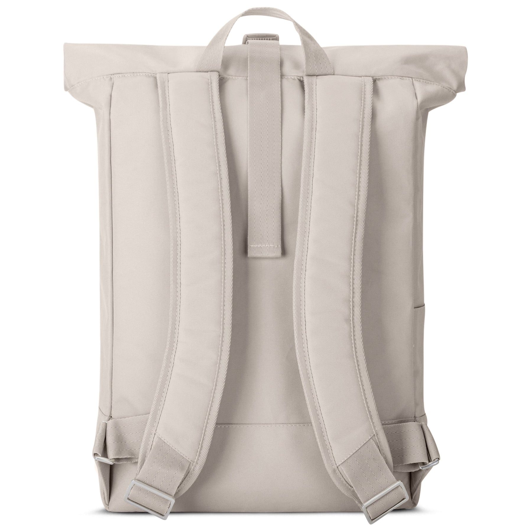 Sandfarbener Rolltop Rucksack 'Robin Large' von Johnny Urban, Rückseite mit gepolsterten Trägern und Trageschlaufe