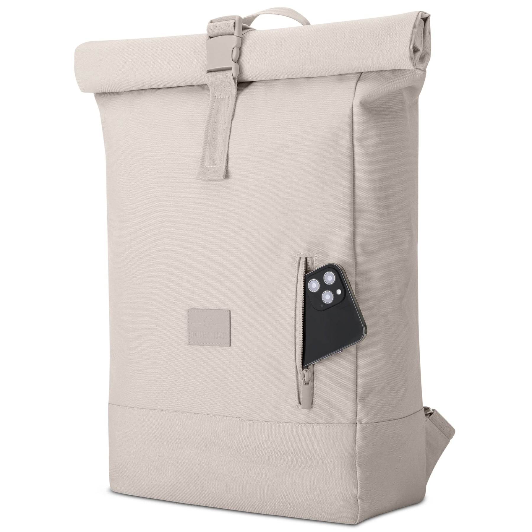 Sandfarbener Rolltop-Rucksack 'Robin Large' mit seitlicher Reißverschlusstasche und Smartphone